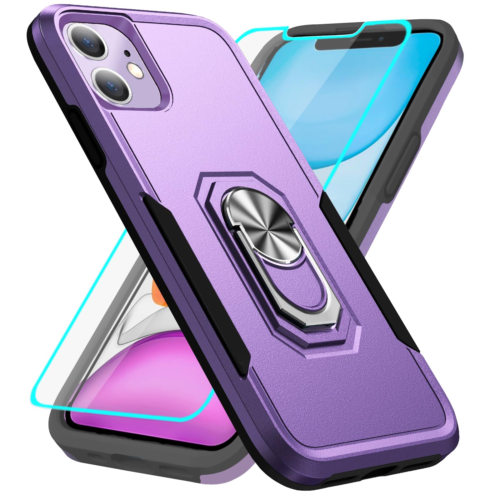 HNHYGETE for iPhone 11 Phone Case with Screen Protector: Shockproof Military-Grade Heavy Duty with Ring Kickstand Phone Case for - iPhone 11 Purple