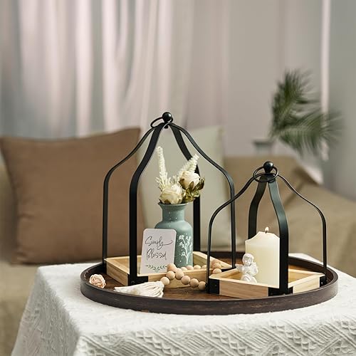 Miniatura 7 de Romadedi Farol de vela decorativo de granja, juego de 2 candelabros de madera rústica para decoración del hogar, sala de estar, comedor, cocina,
