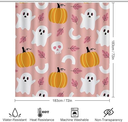 Miniatura 3 de Juego de 4 cortinas de ducha con diseño de calavera de fantasmas de Halloween, con alfombras antideslizantes, cubierta para tapa de inodoro y tapete