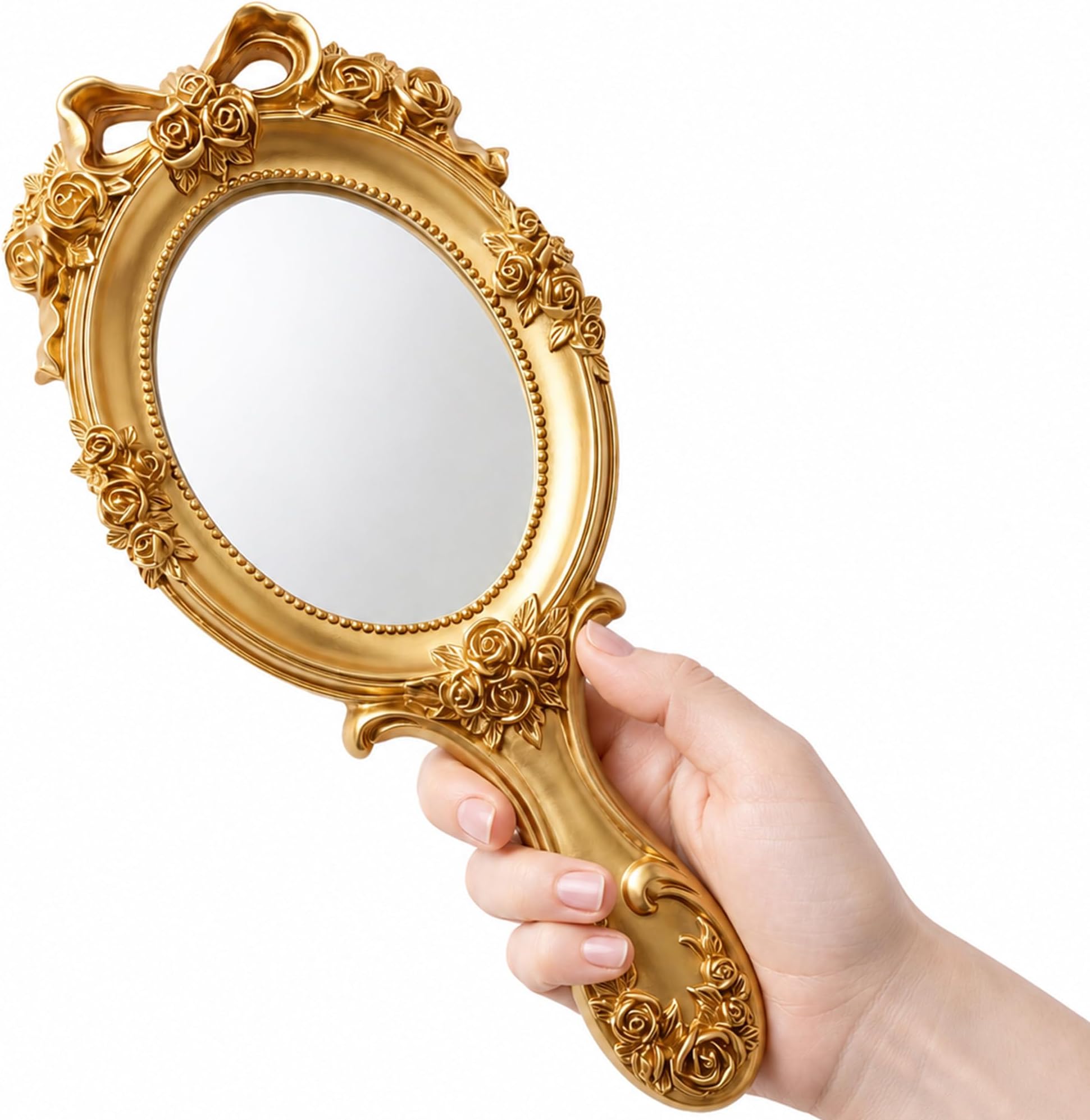 Rich Boxer Vintage Handheld Mirror Embossed Flower Hand Held Mirror Makeup Mirror Vanity Mirror Decorative Cute Hand Mirror (Bronze)