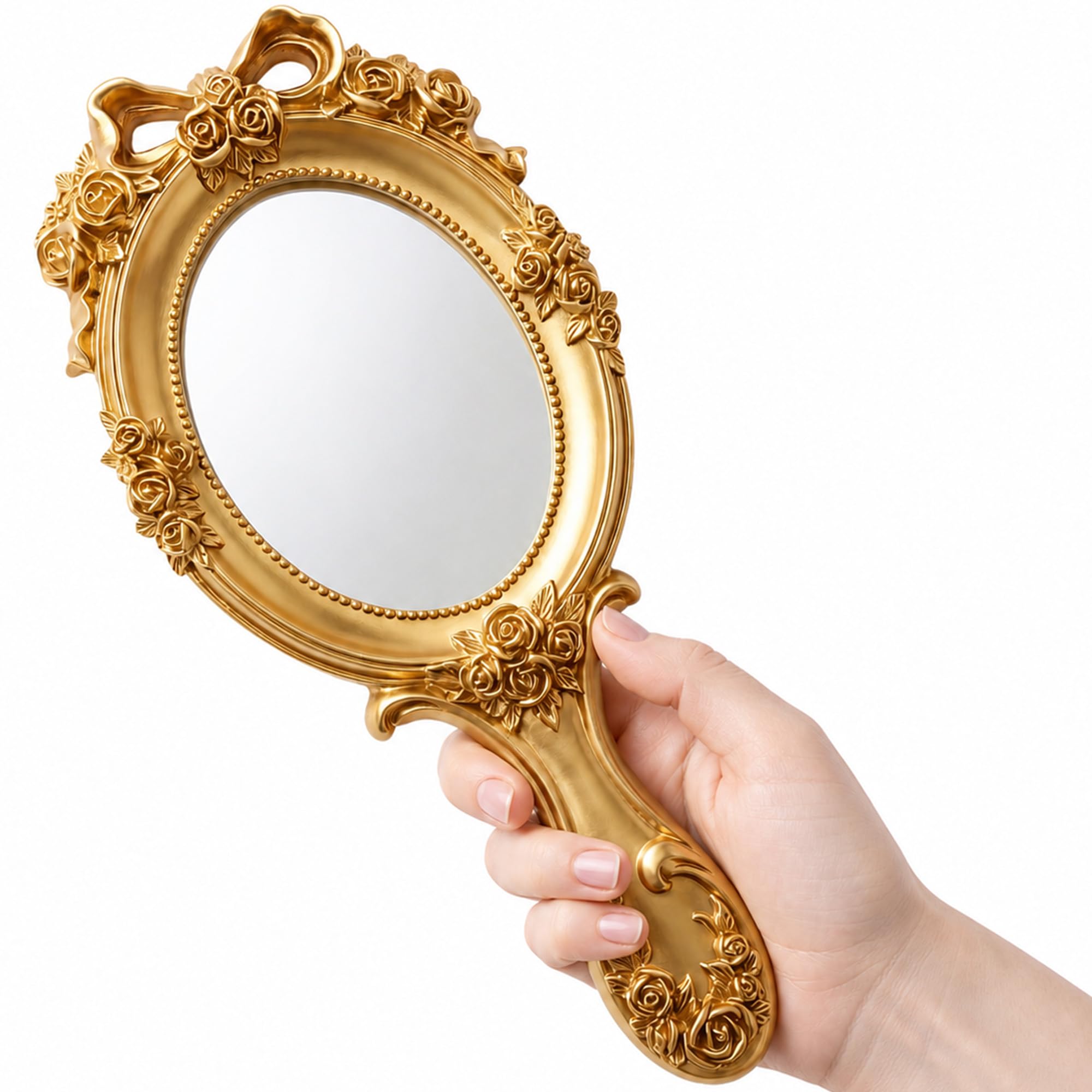 Rich Boxer Vintage Handheld Mirror Embossed Flower Hand Held Mirror Makeup Mirror Vanity Mirror Decorative Cute Hand Mirror (Bronze)