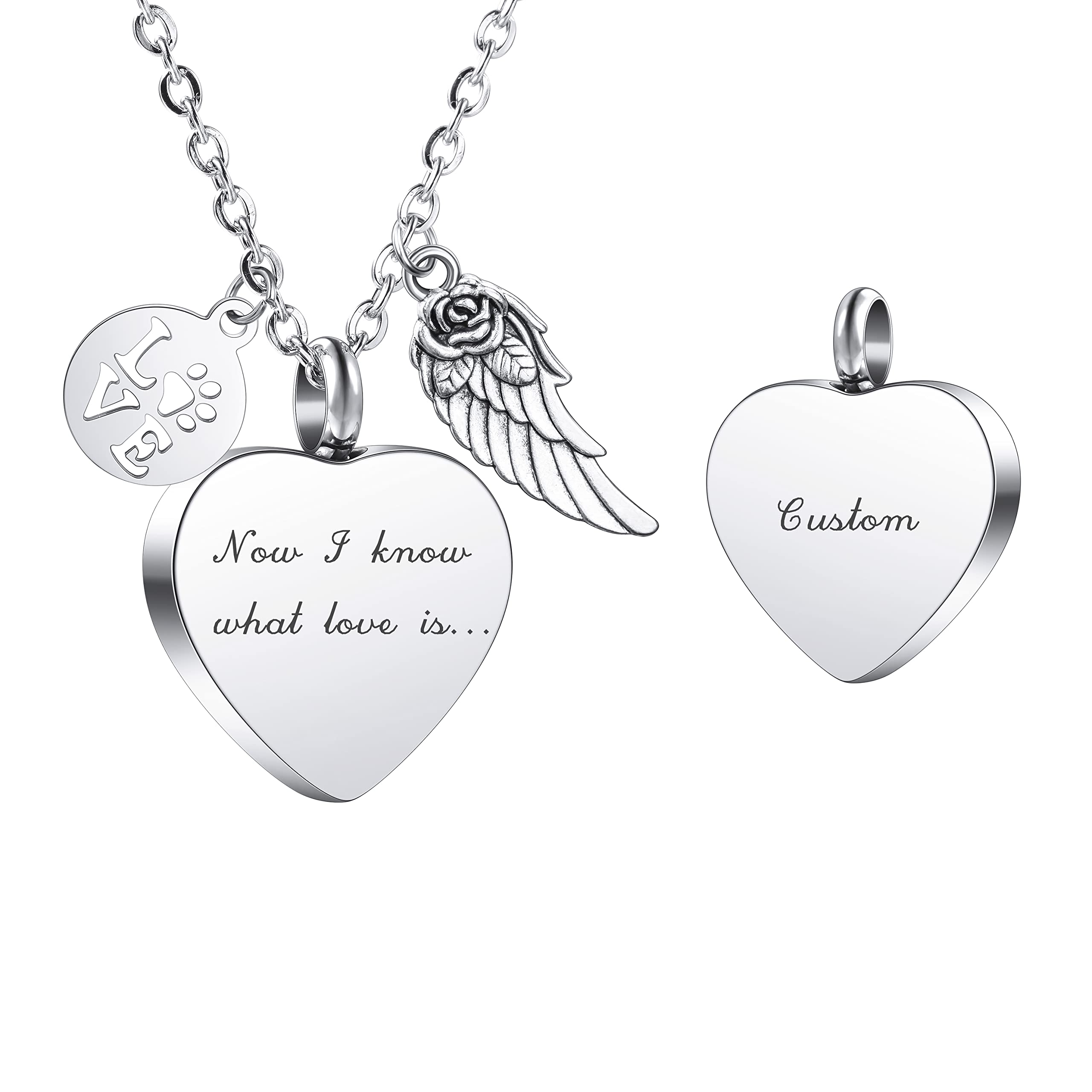 INBLUE Collar Urna Personalizado para Cenizas, Corazón de Acero Inoxidable Colgante, Grabado Foto Perro Gato Nombre, Cremación Joyería Mujeres Hombres con Juego de Embudo, Alas de Ángel