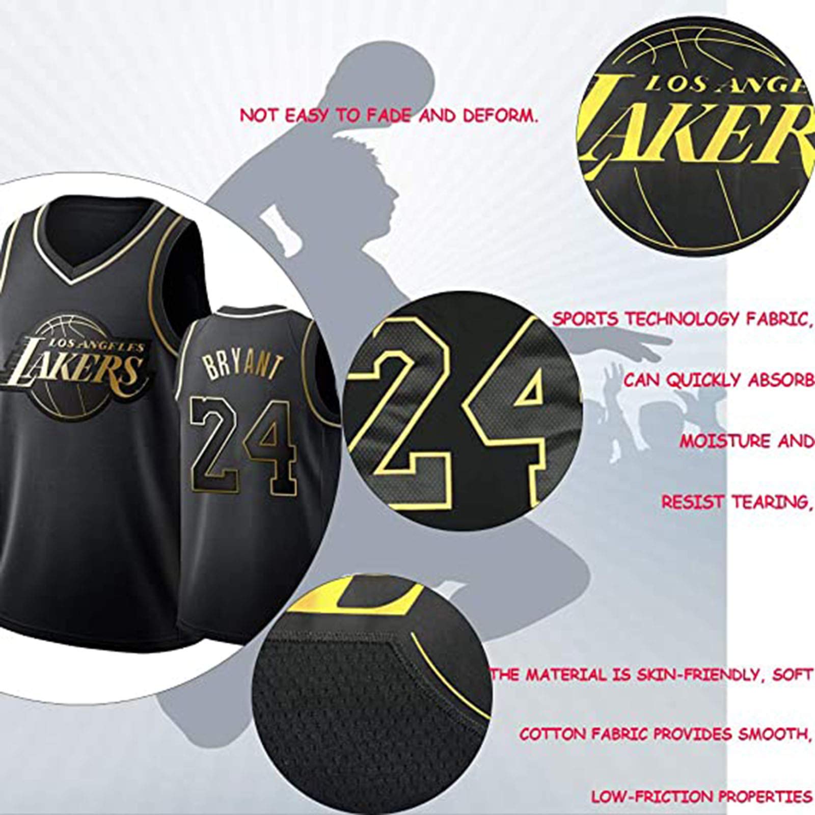 Jersey de Basketball en Or Noire # 24 K o be,Chemise de Sport de Sport sans Manches Unisexe.