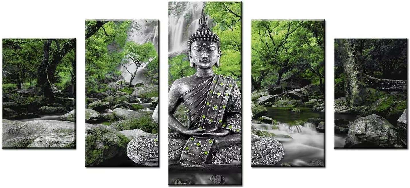 AWLXPHY Decor Buddha Wall Art Canvas Painting Framed 5 Panels for Living Room Decoration Modern Landscape Buddha Waterfall Trees Zen Stretched Artwork Giclee (Green, 40"x20")