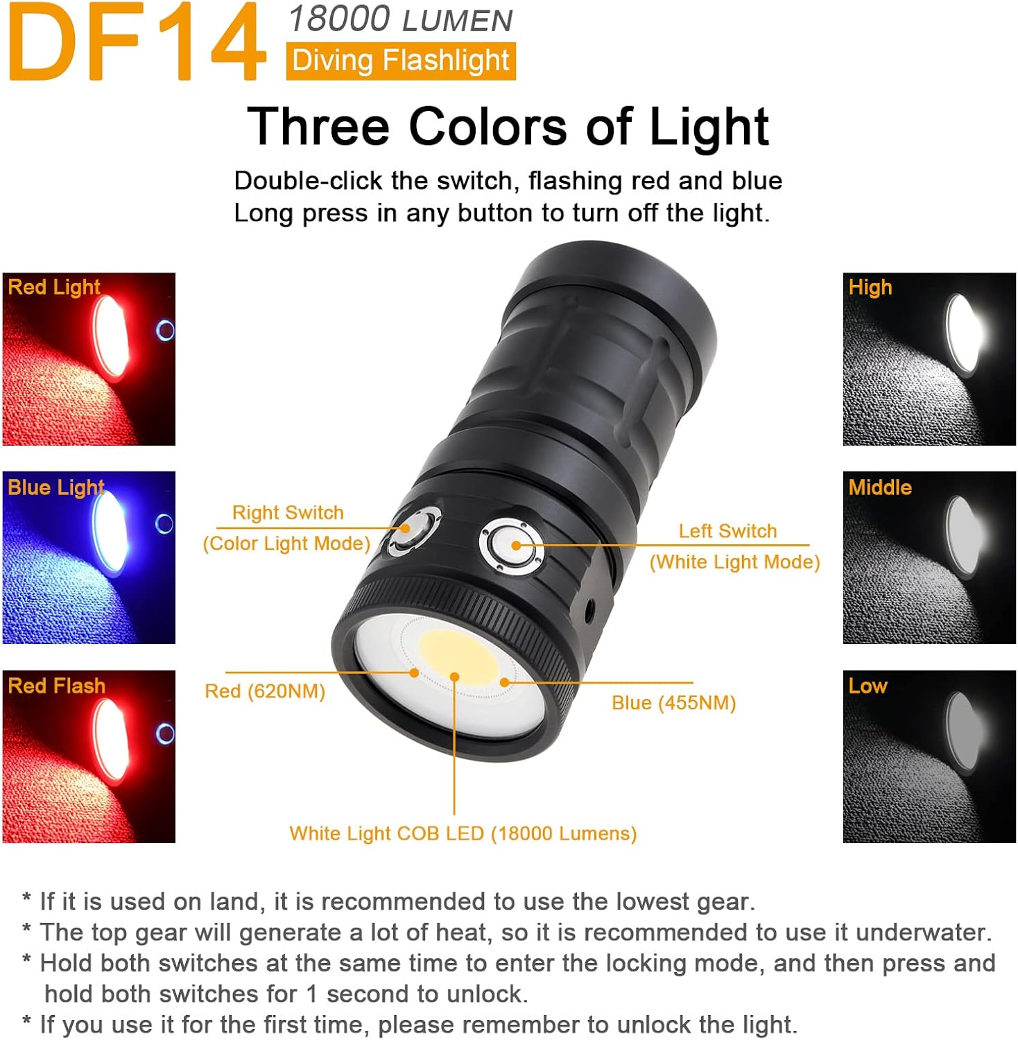 SecurityIng DF14 18000 Lumen Diving Flashlight, 100m Underwater Video Light, Rechargeable Underwater Flashlight for Diving/Underwater Photography/Underwater Sports Built-in Battery