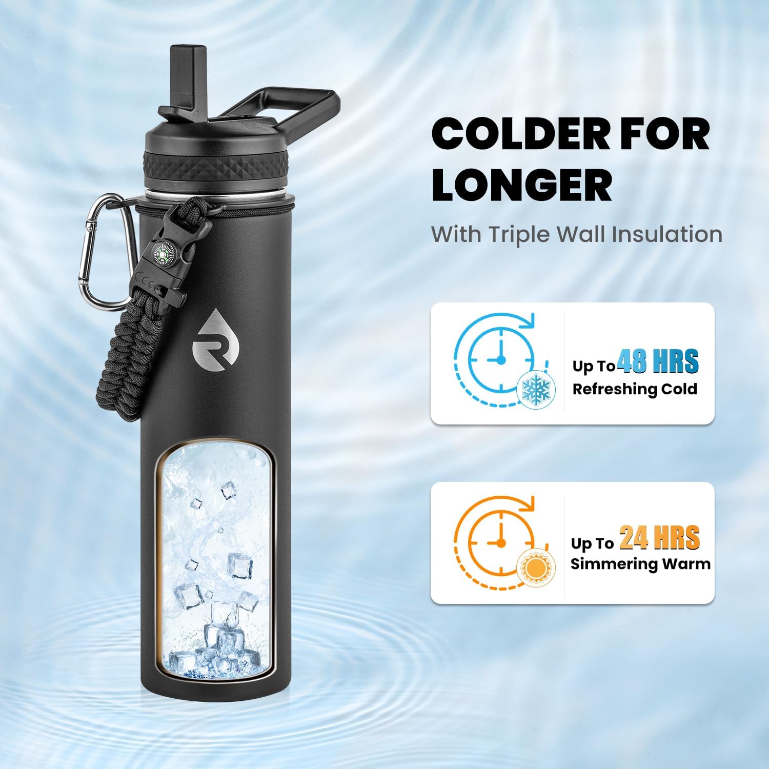 Insulated Water Bottle 24oz, Triple Wall Vacuum Stainless Steel (Cold for 48 Hrs, Hot for 24Hrs), Leak Proof & Non-BPA, 24oz Hydro Water Flask with Paracord Handle & Straw Spout Lids - Image 2