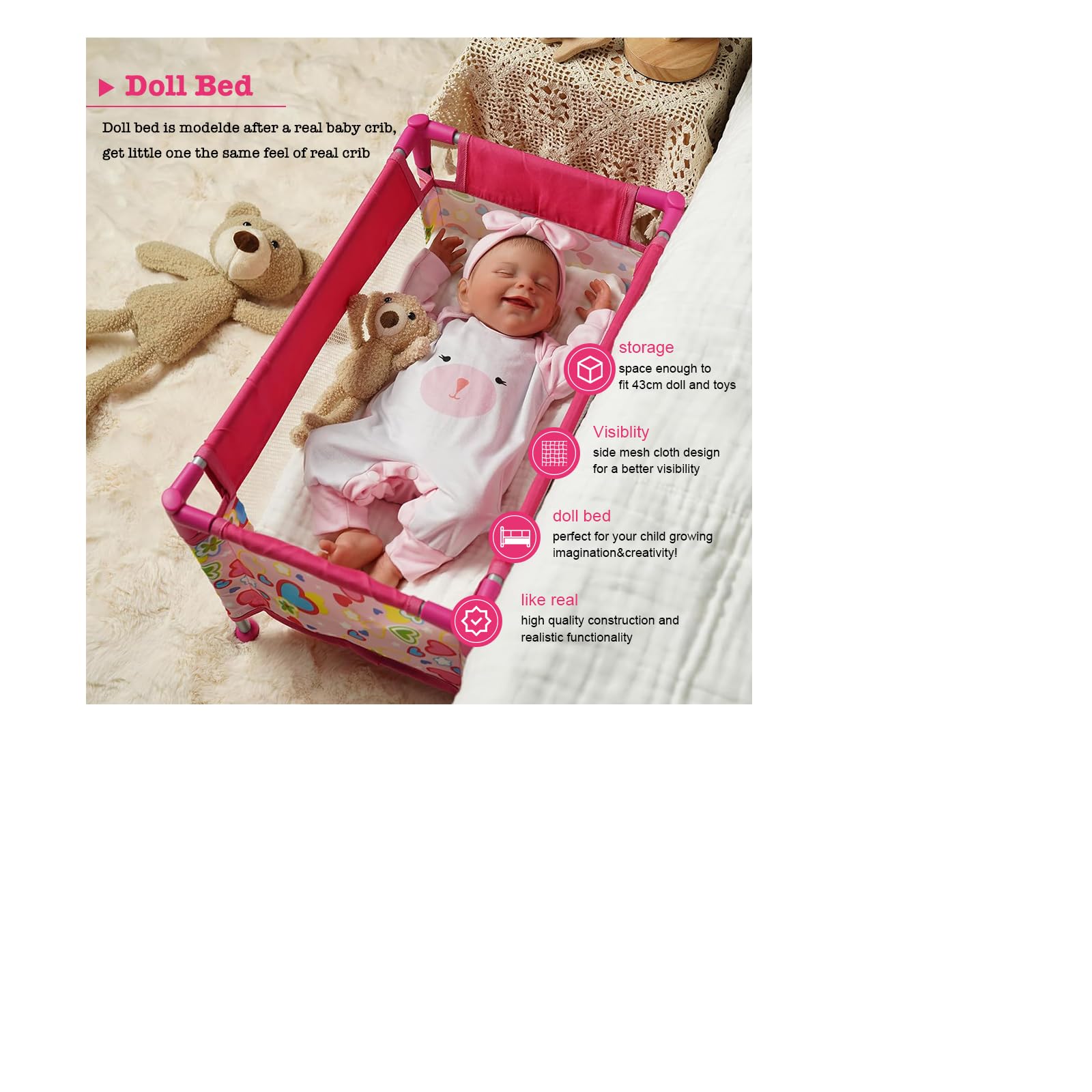 lit poupee pour poupée de 43 cm | accessoires poupon lit bebe jouet | lit de voyage pour poupée | cadeau pour filles de plus de 3 ans