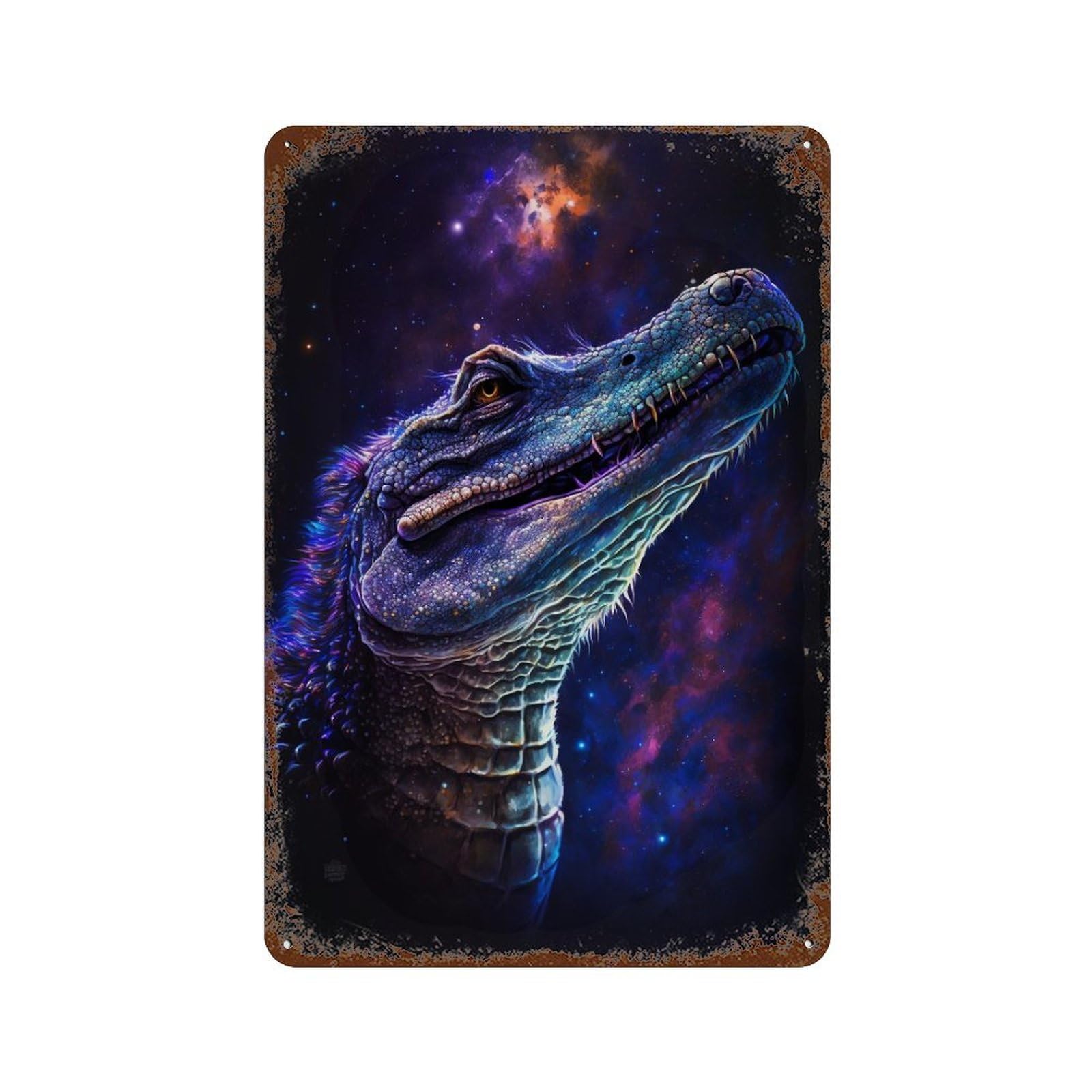 Galactic Crocodile Art Print-9 Aged Metal Wall Plaque 11.8"x7.9", for Shed, Workshop And Garage Wall Decor, Old School Wall Decor