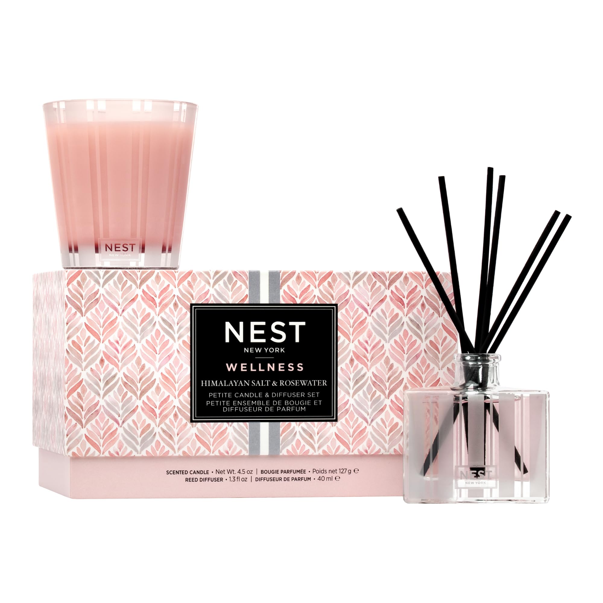 NEST New York Scented Petite Candle (4.5 oz) & Diffuser (1.3 fl oz) Set, Himalayan Salt & Rosewater - Reusable Glass Vessel - Vegan, Cruelty Free