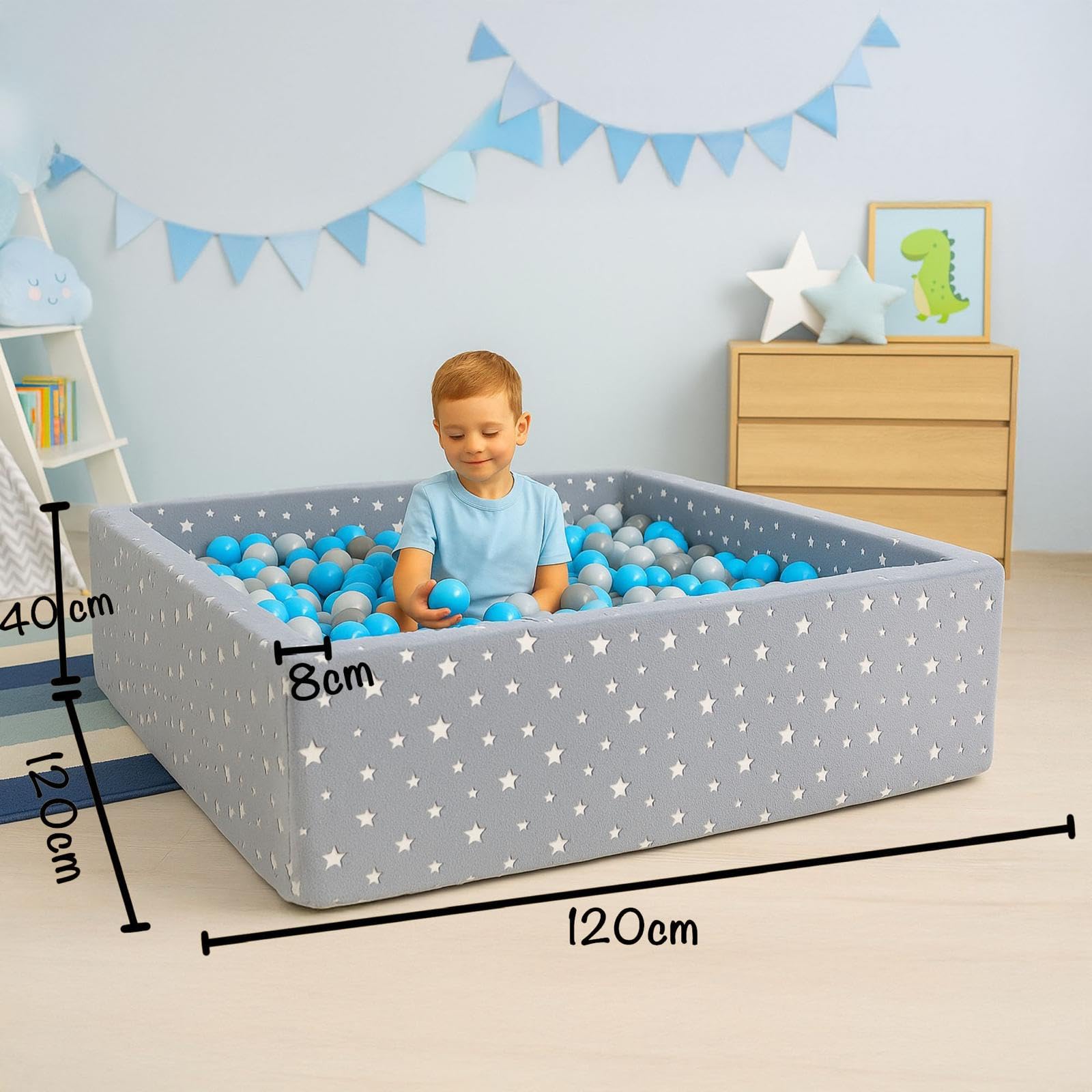Bällebad Kinder 120×120 cm XXL – großes Stoffbecken mit 1000 Spielbällen Ø 7 cm, weiches Indoor-Bällebad für Babys & Kleinkinder, Stabiler PU-Schaum, Abnehmbarer Baumwollbezug (Plüsch/Hellblau)