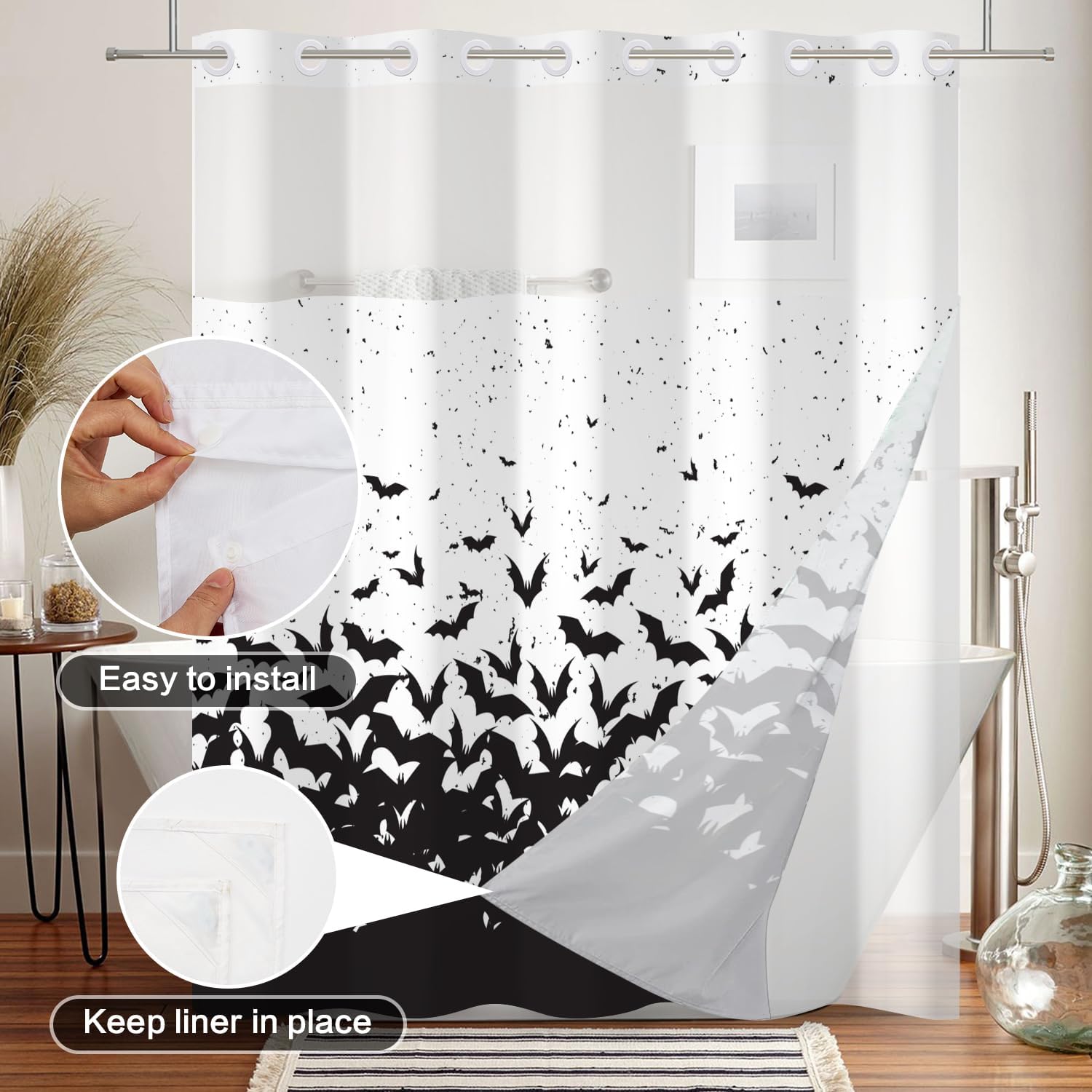 No Hook 3 in 1 Waterproof Halloween Shower Curtain with Snap-in Liner Set, Double Layers Shower Curtains, Bats Spooky Style Fabric Bath Curtain for Bathroom,Polyester 71''x74''
