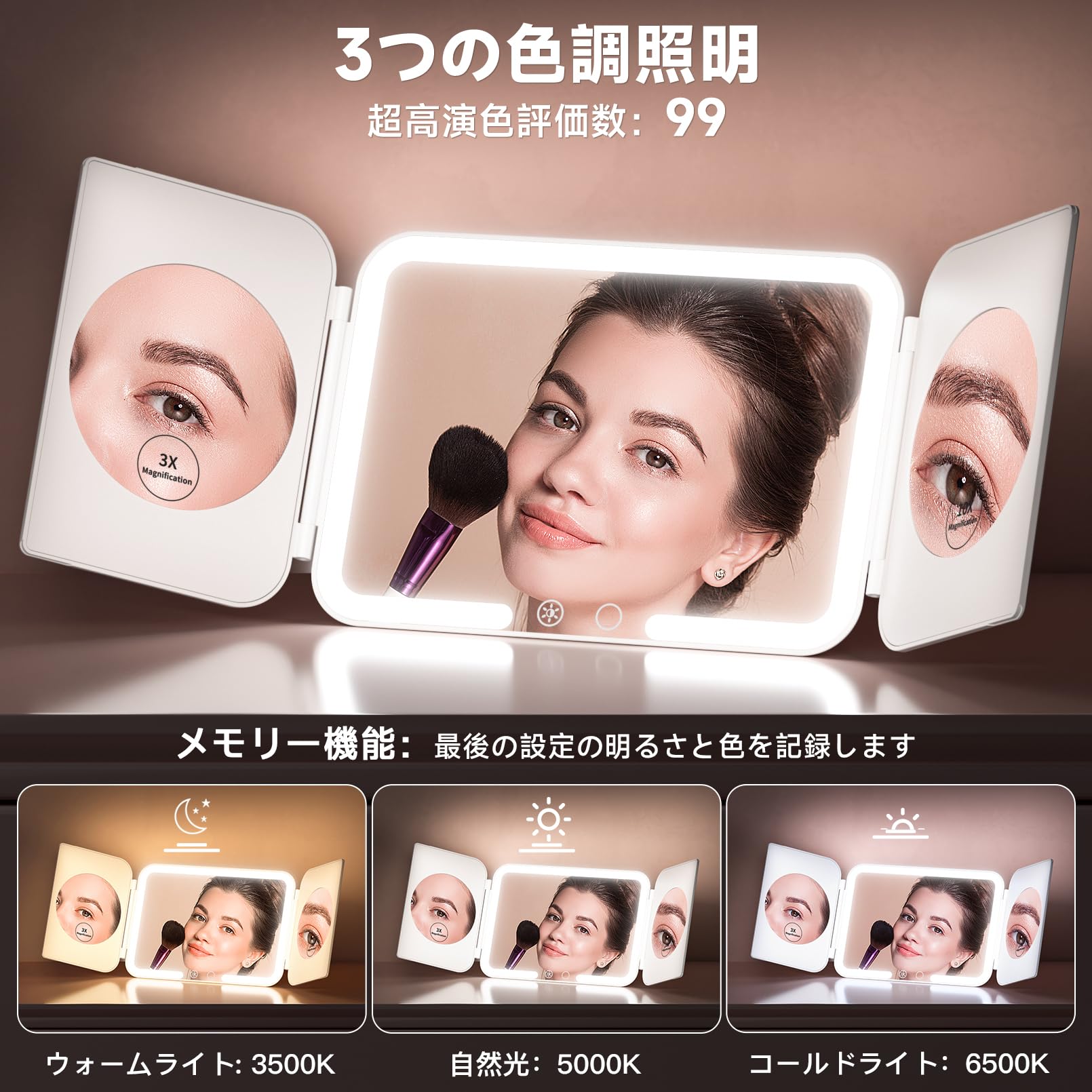 Amazon.co.jp: Beautifive LED 女優ミラー 化粧鏡 三面鏡 卓上 1X/3X