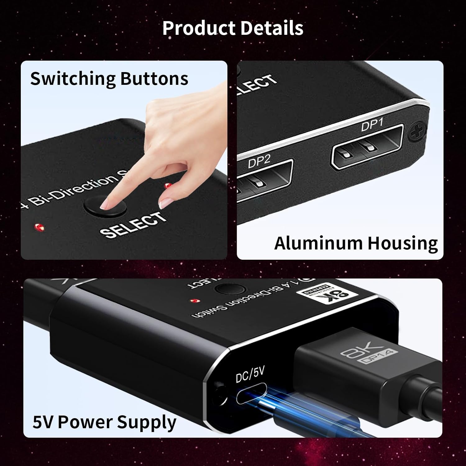 DisplayPort Switch 2 in 1 Out/1 in 2 Out 4K60Hz DisplayPort Splitter | DP 1.4 Video Switcher Selector Box For TV Monitors Laptops PC Projectors etc