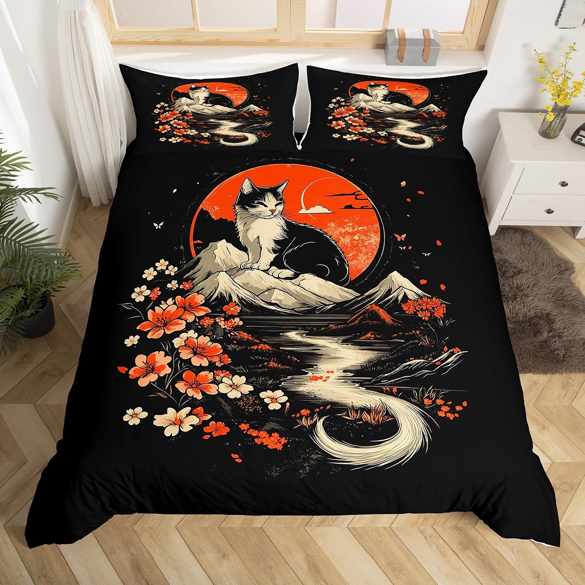 jejeloiu Kawaii Cat Duvet Cover Toddler Size Kids Cat Lover's Gift Comforter Cover for Boys Girls Teens Japanese Style Bedding Set Breathable Soft Lightweight Microfiber Kitten Room Decor