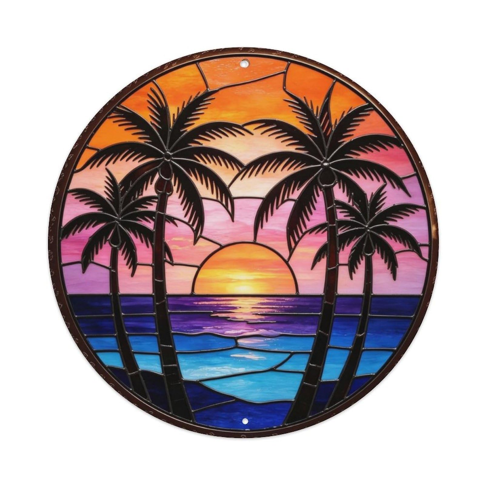 Tropical Palm Trees Sunset Stained Glass Metal Tin Sign Plaque