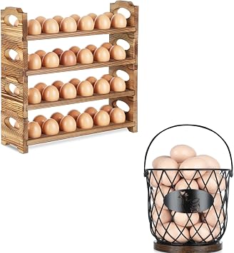Wooden Egg Holder with 4 Layers/48-Hole+Egg Basket for Gathering Fresh Eggs