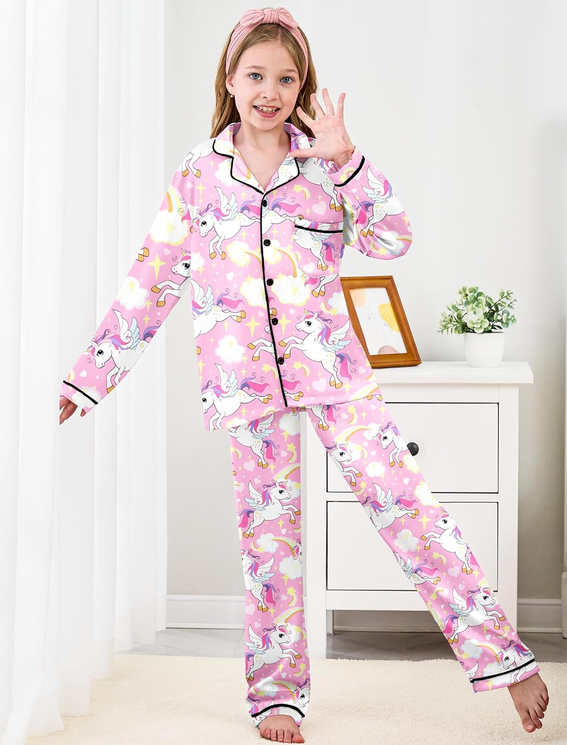 Mikrdoo Silk Pajamas for Girls Long Sleeve PJs for Kids Top and Pants 2 Piece Satin Slpeepwear Set 3-14 Years - Image 2