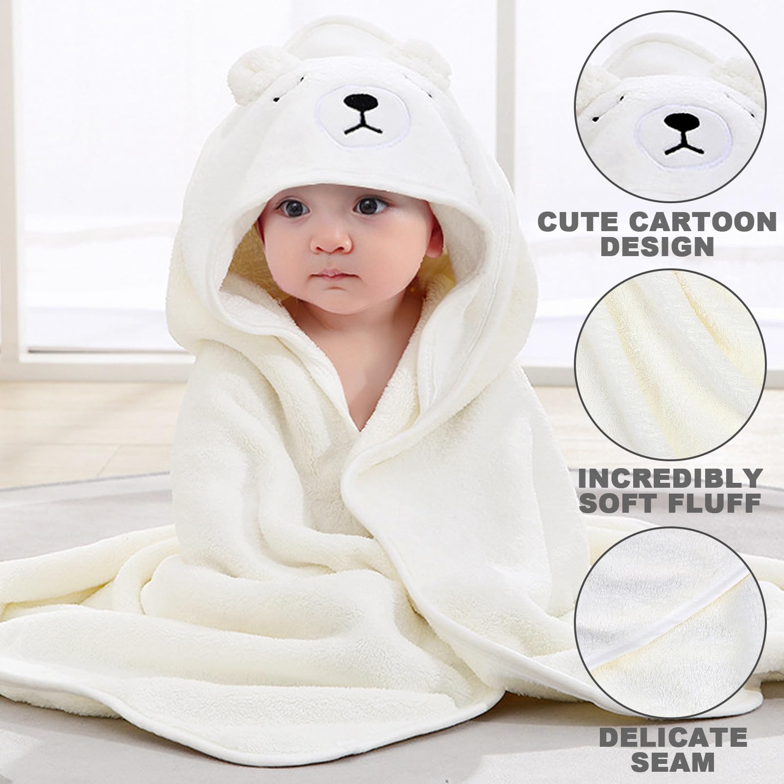 Lvefyti Serviette de bain à capuche pour bébé - 80 x 80 cm - En polaire corail - Pour bébé nouveau-né - Blanc