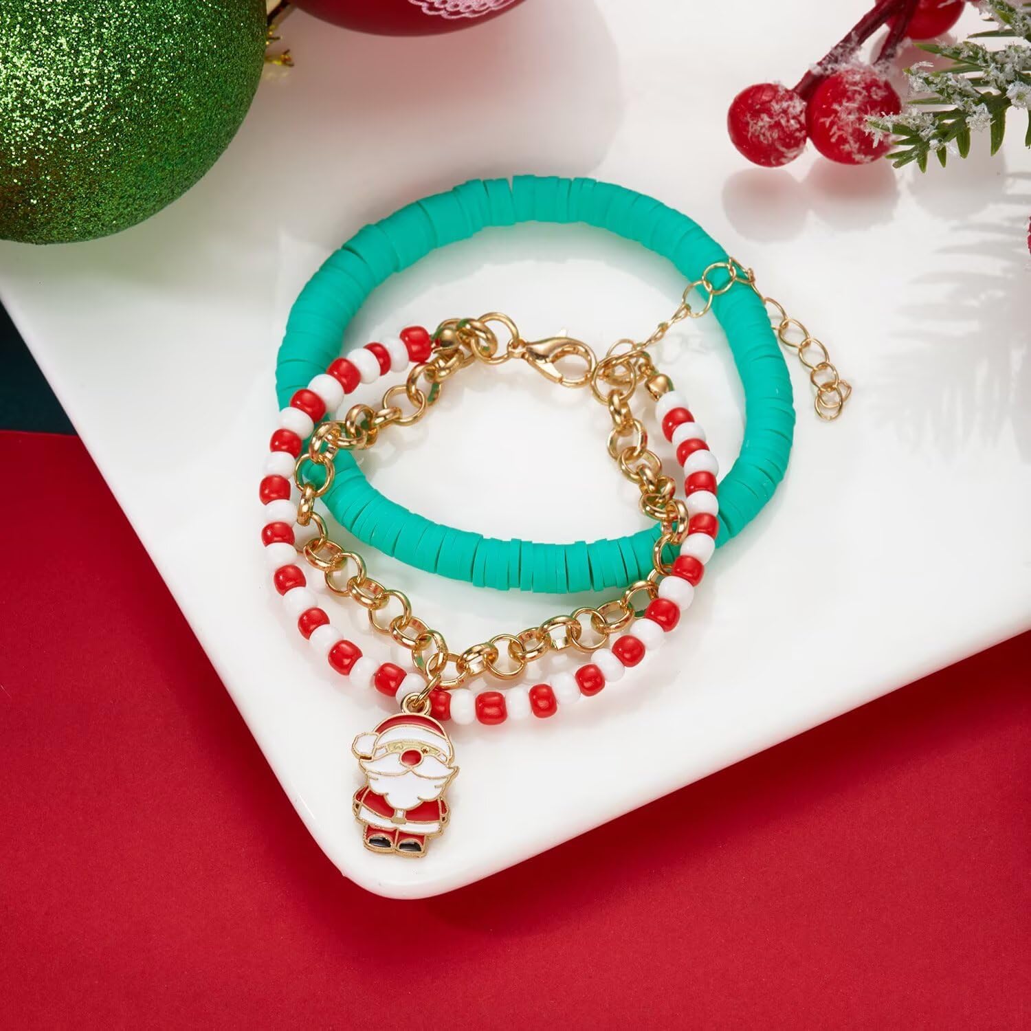 Todu Christmas Bracelets for Women Snowflake Santa Claus Christmas Tree Stackable Polymer Clay Beaded Bracelets New Year Xmas Party Jewelry Gifts - Image 6