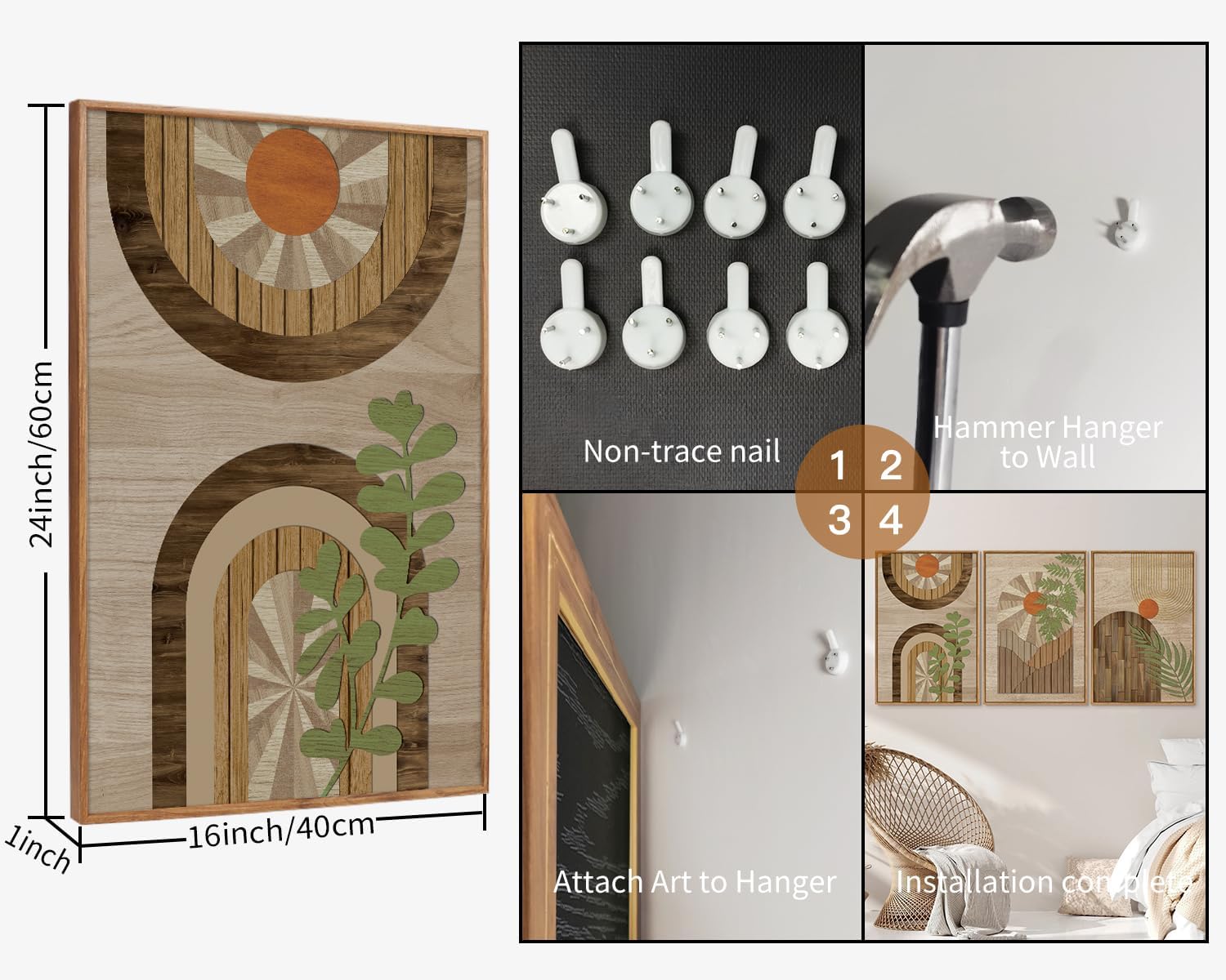 KYLESONLIE Mid Century Modern Framed Canvas Wall Art Set, Boho Wood Geometric Panel Wall Decor, Rustic Wooden Arch Art Painting, Pastel Sage Green Leaf Artwork for Living Room Bedroom Office 16"x24"x3
