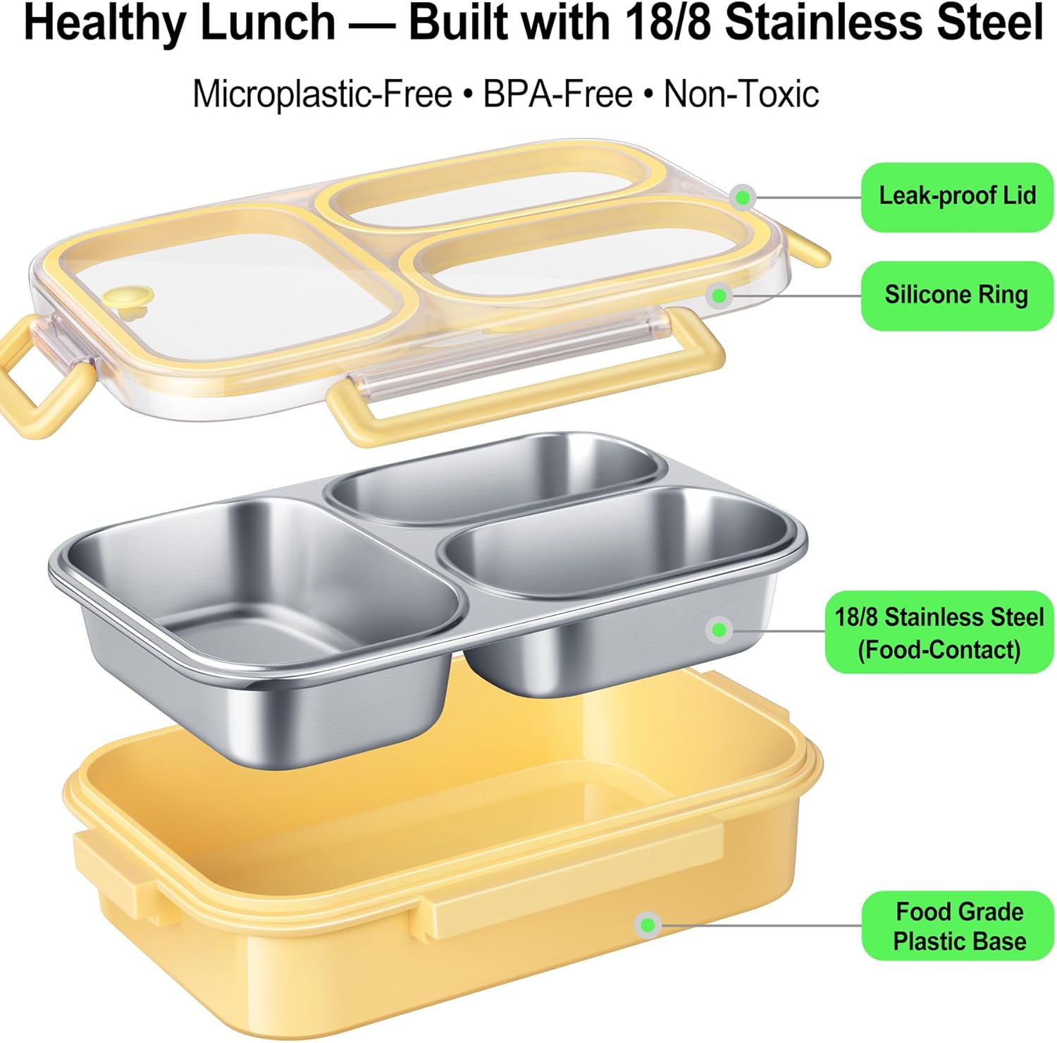 KTKUDY Stainless Steel Bento Box for Kids & Adults - 25 oz - Leakproof 3 Compartment Metal Lunch Container - 18/8 Stainless Steel Lunch Box Kids - Ideal for School, Office & Outdoor (Yellow)
