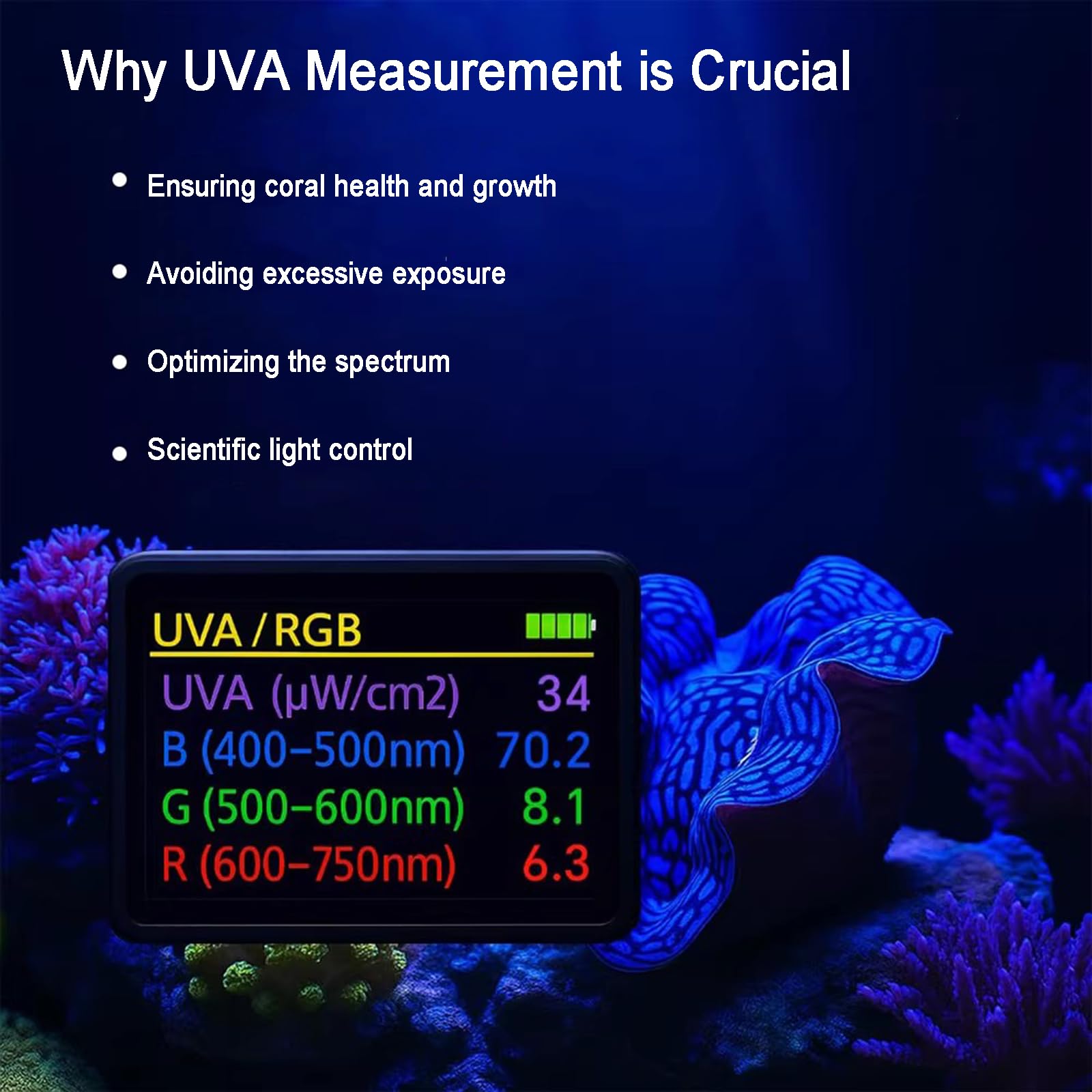 Medidor PAR para Acuarios De Arrecife, Prueba PPFD, UVA W/m², con Pértiga Telescópica, Sensor Impermeable, Muestra R, G, B% En La Luz del Acuario, para Plantas Subacuáticas