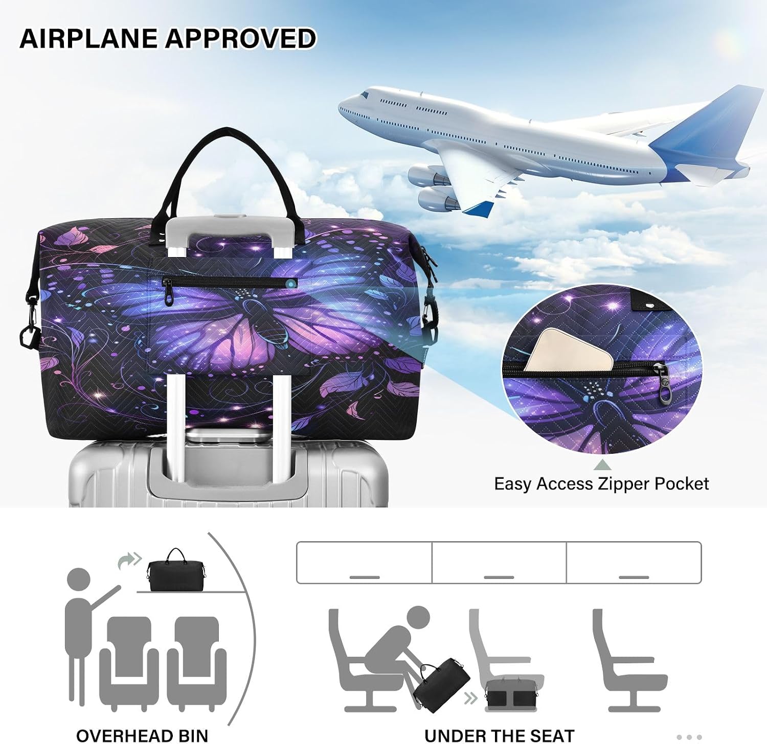 Travel Duffle Bag, Purple Butterfly Gym Bag with Storage Bag Weekender Overnight Bag for Men Women Trip Sports Yoga