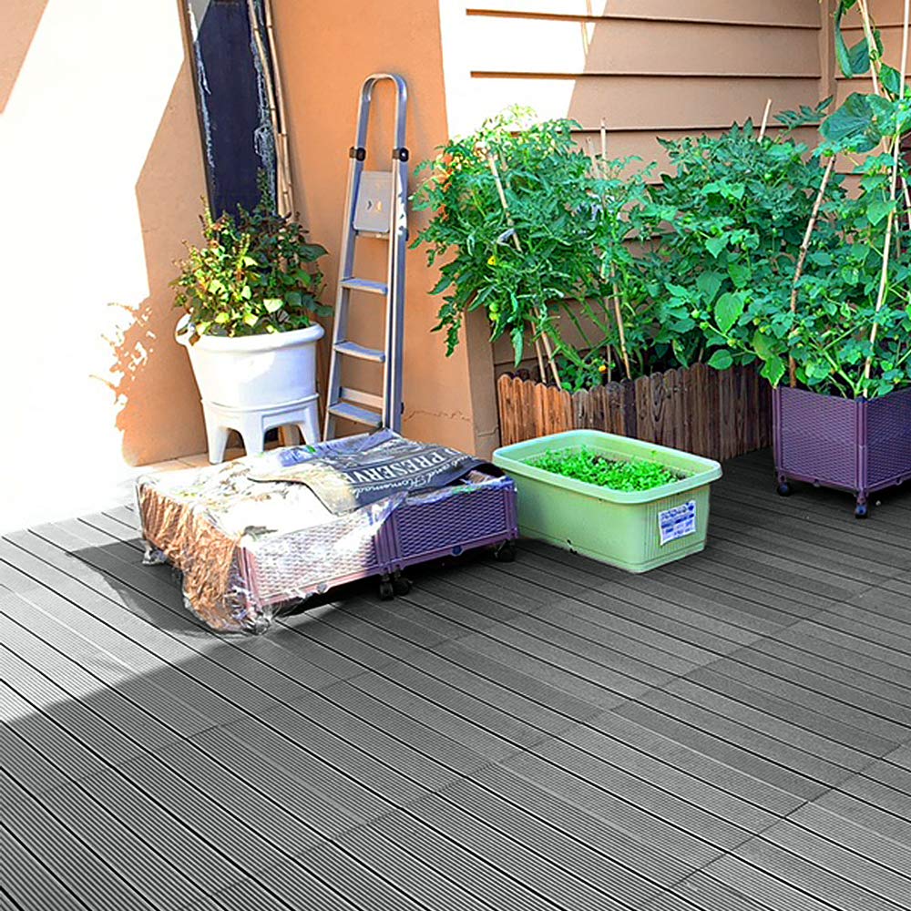 SUBTLETY 5m² WPC Terrassenfliesen 6 Stück Holzoptik Balkonfliesen 30x60cm Klickfliesen Set mit Drainage Gitter Kunststoff Gartenfliesen Bodenfliesen für Garten Terrasse Balkon Teich (Anthrazit)