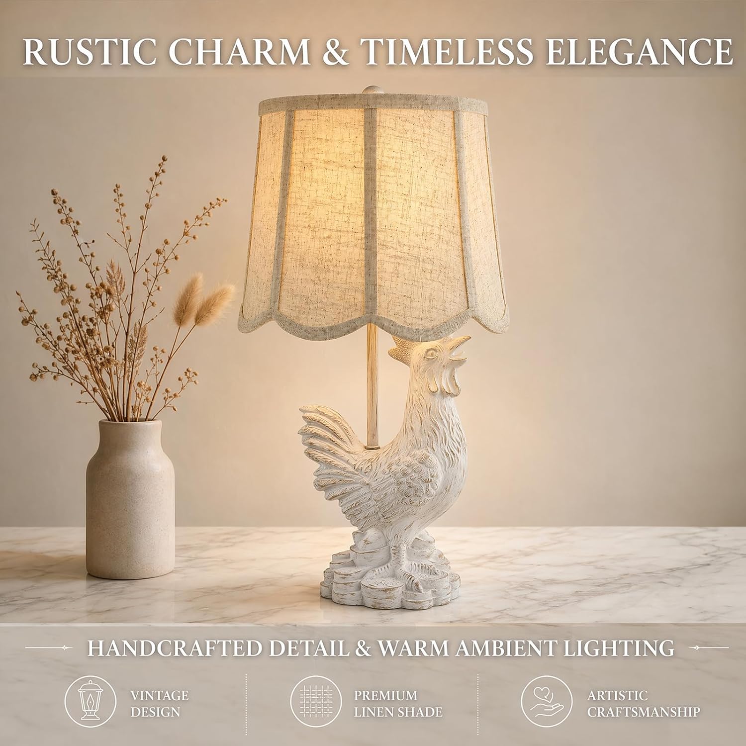 Crestview Collection 21" White Resin Rooster Table Lamp with Oatmeal Linen Shade, Farmhouse Rustic Country Accent Lighting for Living Room, Bedroom, or Entryway