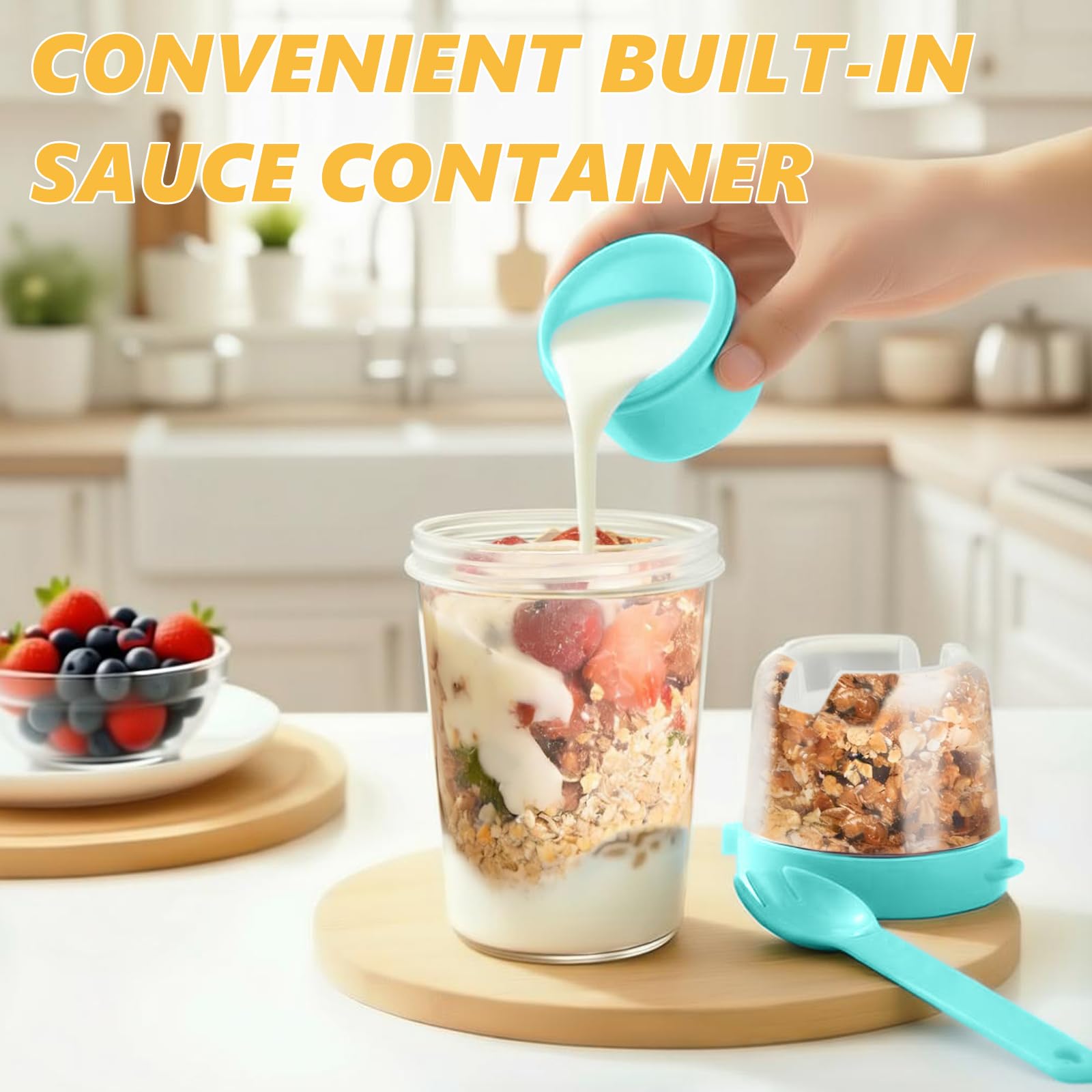 Müslibecher to Go, 4 Stück Jogurtbecher für Unterwegs mit löffel, Joghurt to Go Becher, Doppelschicht Auslaufsicherer Salatbecher, Müsli to go Becher für Arbeit, Schule, Reisen, Picknick