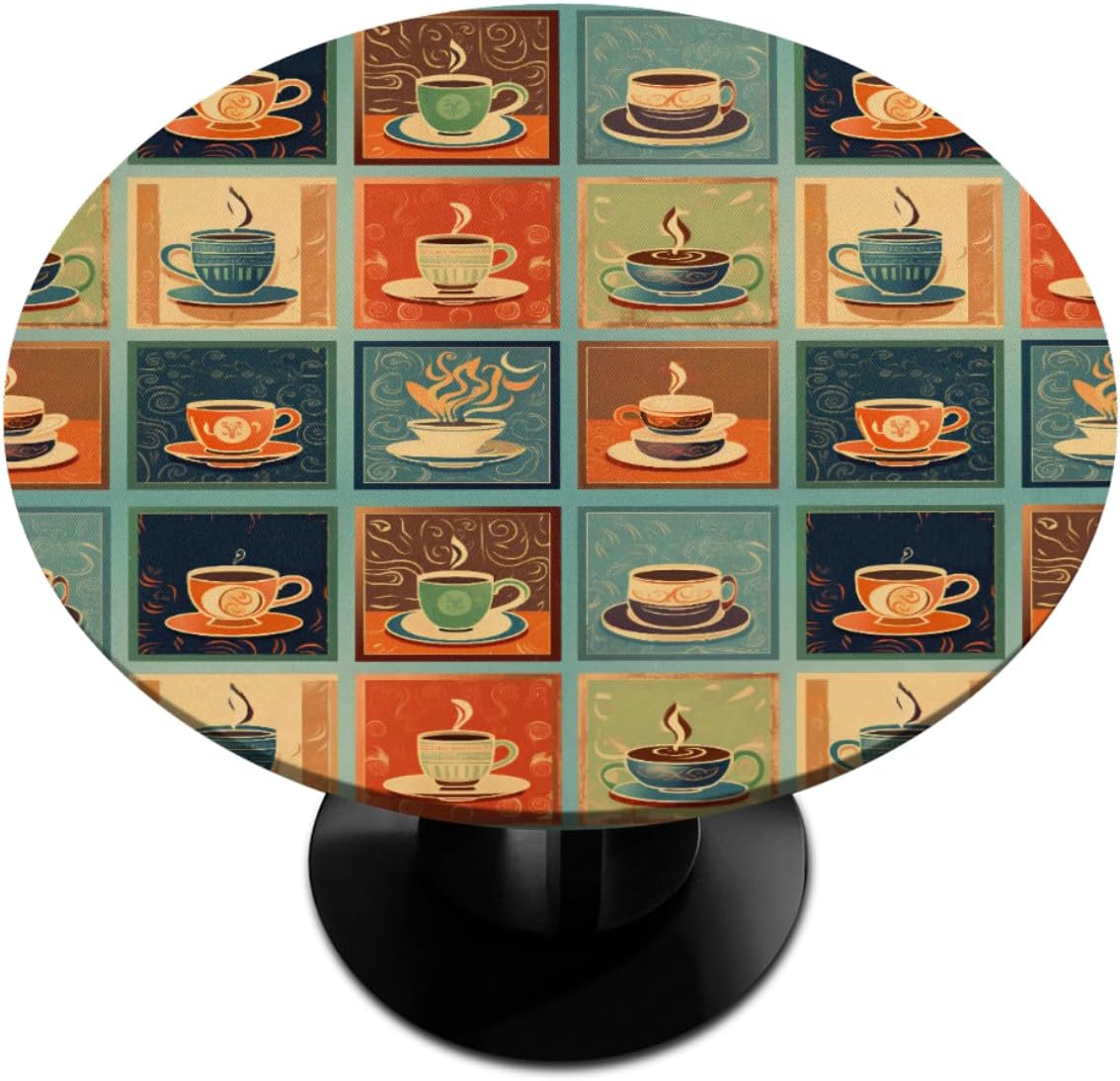 Coffee Themed Round Fitted Tablecloth with Elastic Outdoor Tablecloths Tables Waterproof Stain-Resistant Wipeable Table Cover for Kitchen Patio Picnic,Camping,Dinner 45-50inch