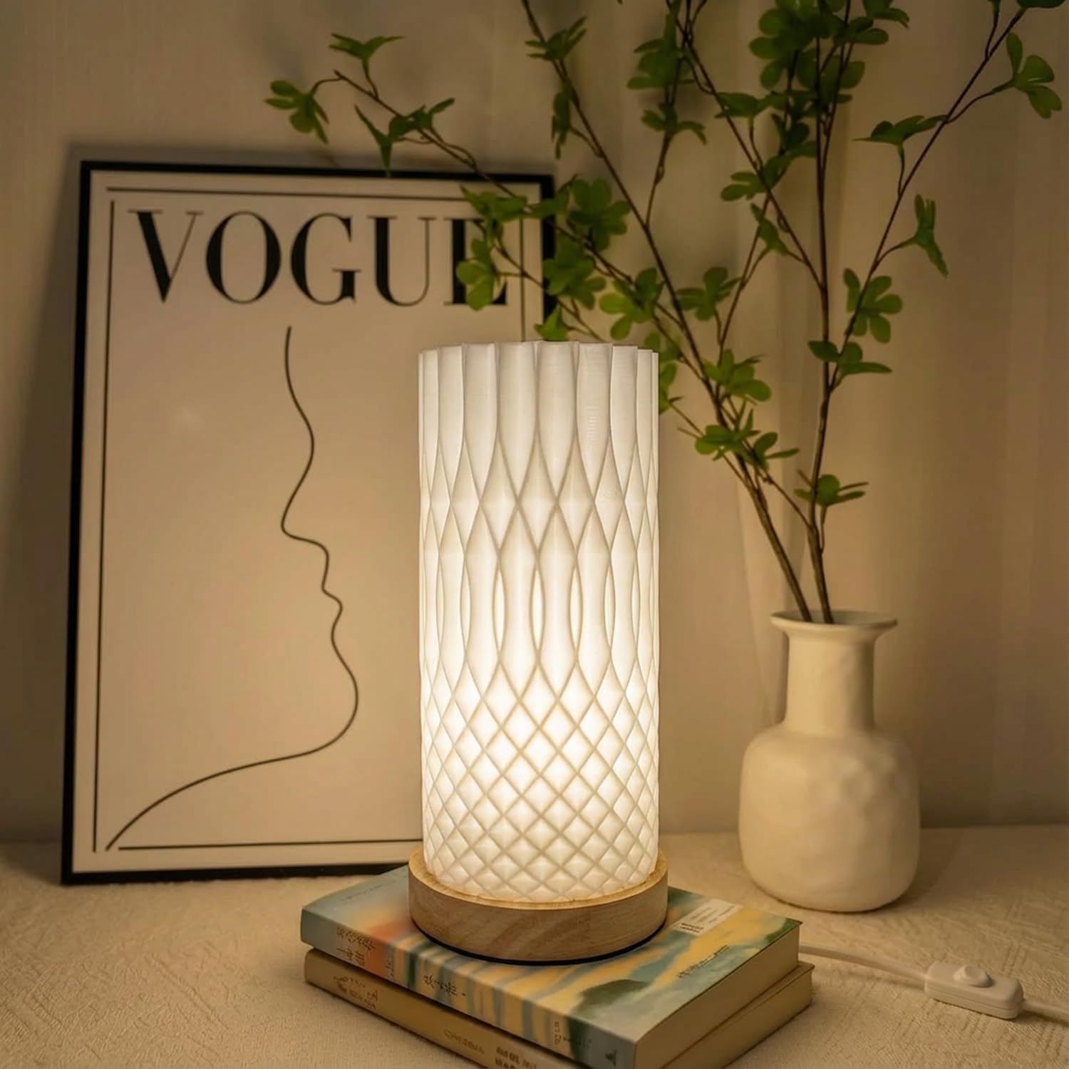 3D Printed Mini Lamp, Small Bedside Lamp with 3-Color Dimmable LED, Small Nightstand Lamp for Tight Spaces, Beautiful Lamp with Wooden Base - Flame