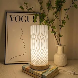 Small Bedside Lamp for Nightstand, 3D Printed Mini Table Lamp, 3 Color Temperatures Warm to Cool White, Cozy Small Lamp for Bedroom Dorm Tight Spaces, Ash Wood Base, 8.8 Inch Tall - Helix