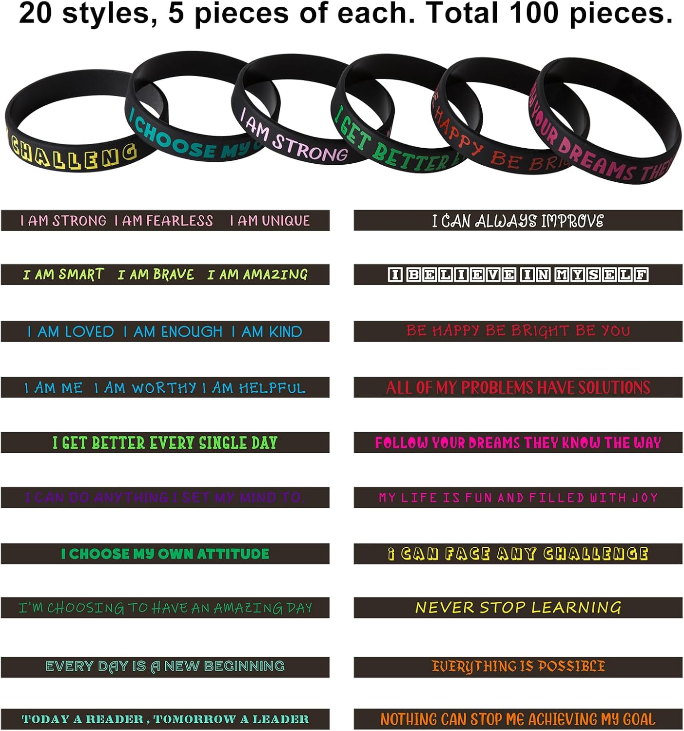 QEERBSIN 100 Pieces Inspirational Quote Wristbands -Bulk Pack Colored Motivational Bracelets- Stretch Unisex Wristbands for Men Women Teen Gifts, Party Favors,20 Styles - Image 3