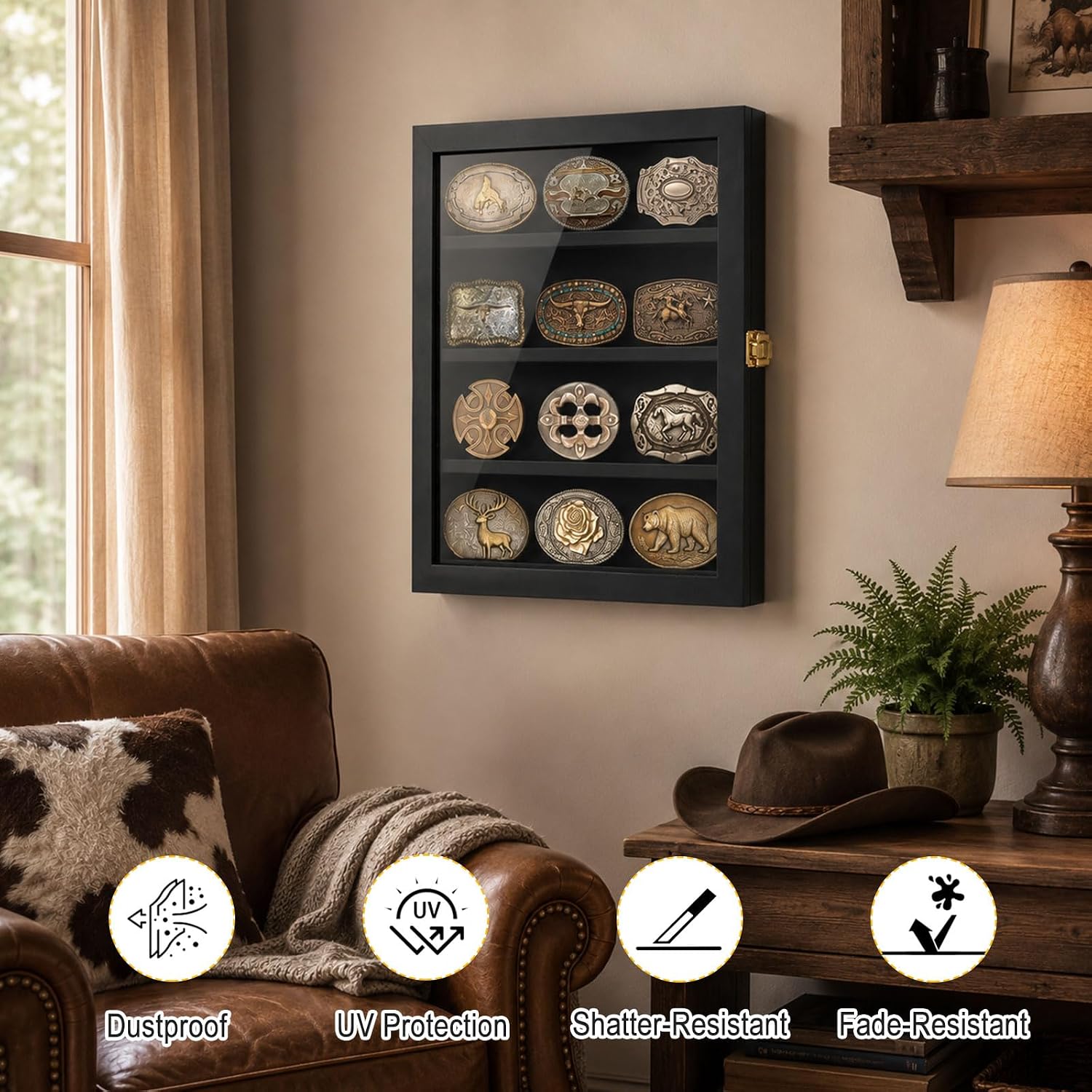 Belt Buckle Display Case, 16x12 Wooden Shadow Box with Tempered Glass Door