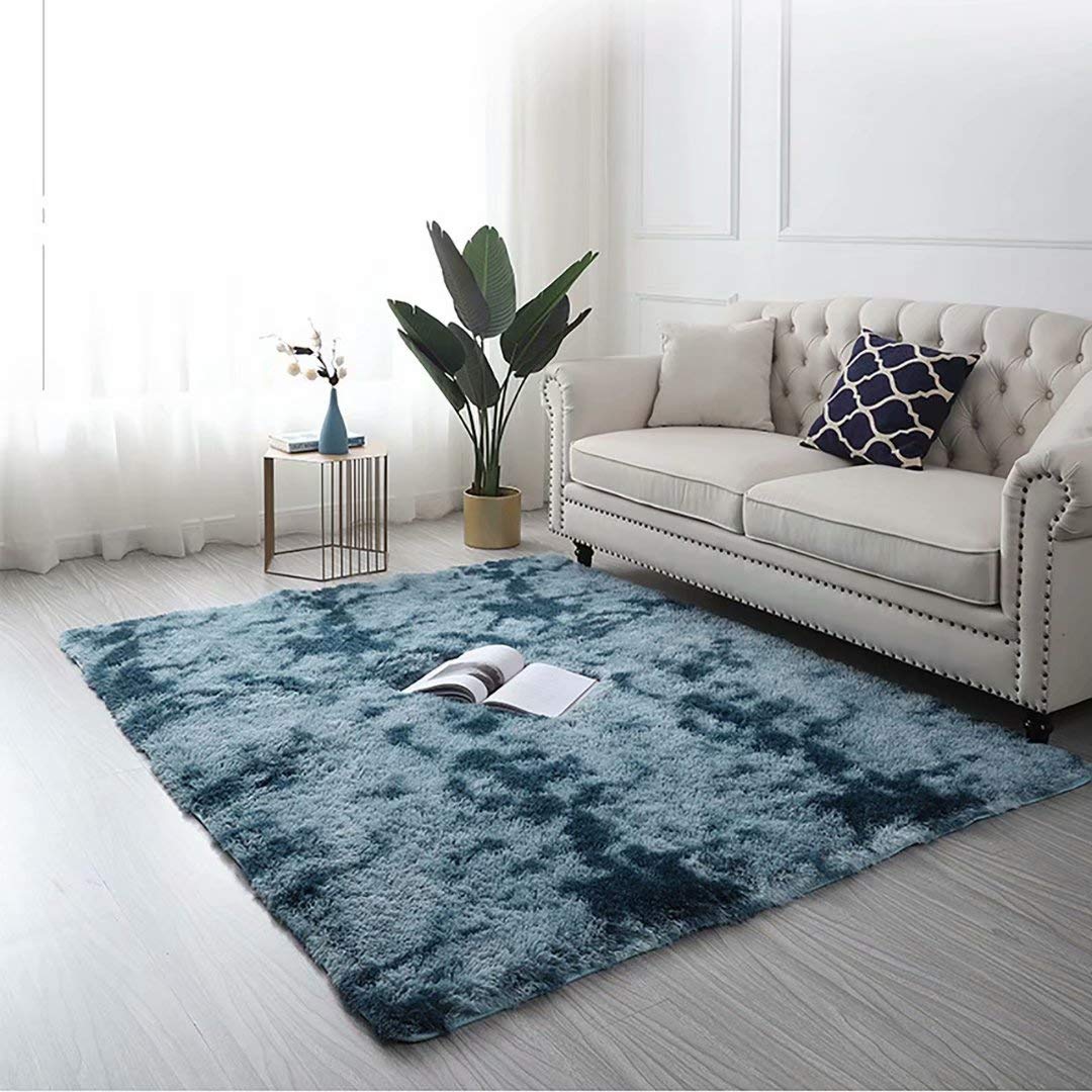 Amcer B-Blue Living Room Rug, Shaggy Bedside Carpets, Anti Slip Thick Pile Fluffy Faux Fur, For The Bedroom, Living Room Or - 90X140cm