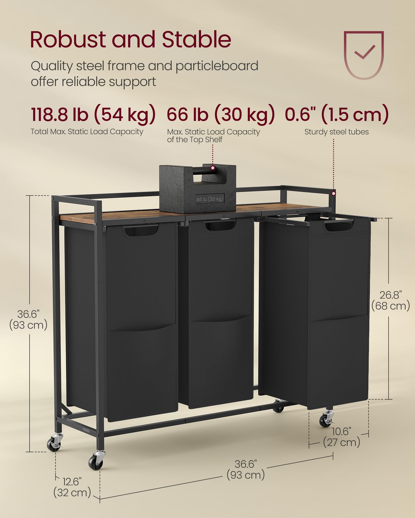 VASAGLE Cesto portabiancheria da 165 l, con 3 scomparti, carrello con ruote, mensola, borse rimovibili, tasche, inchiostro nero e marrone rustico UBLH031B01