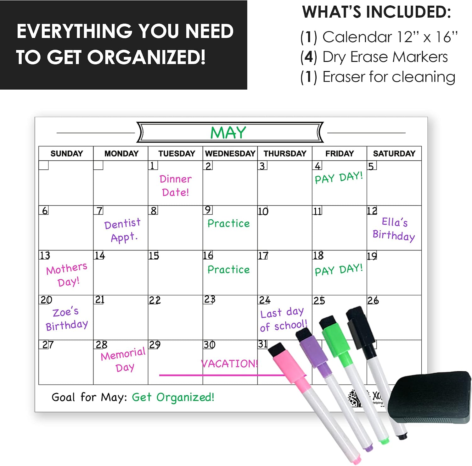 Magnetic Dry Erase Calendar Whiteboard for Fridge – Great for Family, Kids, Workout, Menu Planner – Helps to Get Organized - Includes Markers and Eraser (White)