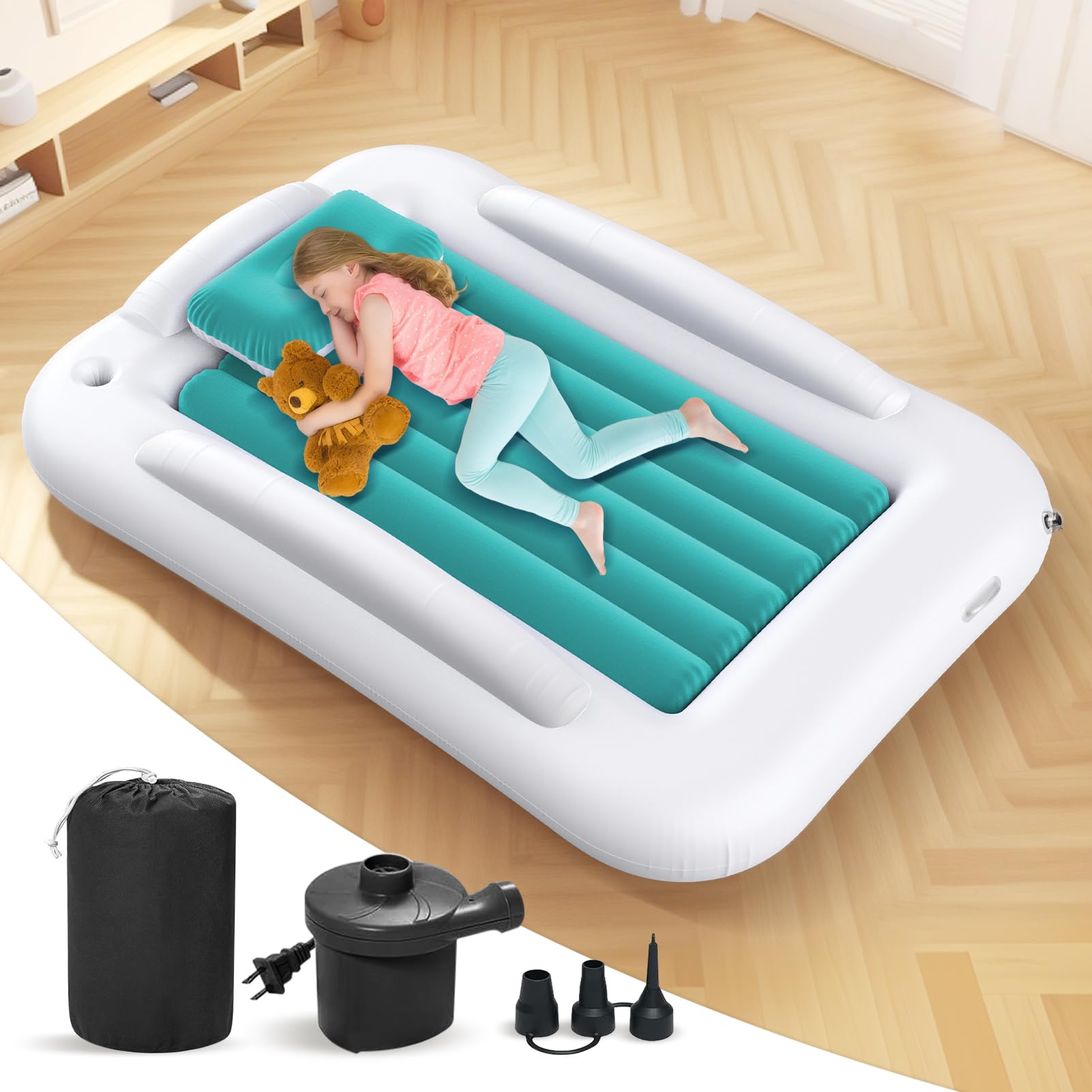 Inflatable Toddler Travel Bed - 60 Inches Portable Toddler Bed for Travel with Safety Sides - Cozy Kids Air Mattress Set with High-Speed Pump &amp; Carry Case - Easy to Inflate(Teal Blue)