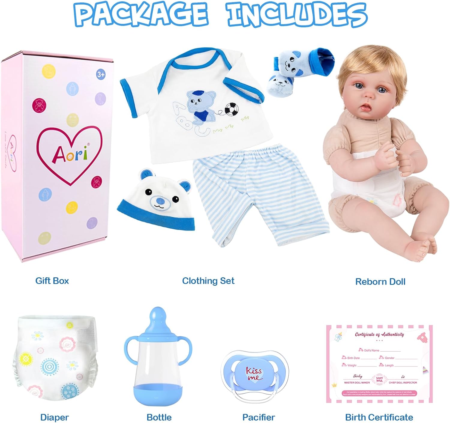 Aori Reborn Baby Boy Doll - 22 Inch Lifelike Realistic Newborn - Handmade Weighted Baby Dolls with Soft Cloth Body Cuddly Reborn Toddler for Kids 3+ | Realistic Boy Doll Gift Set