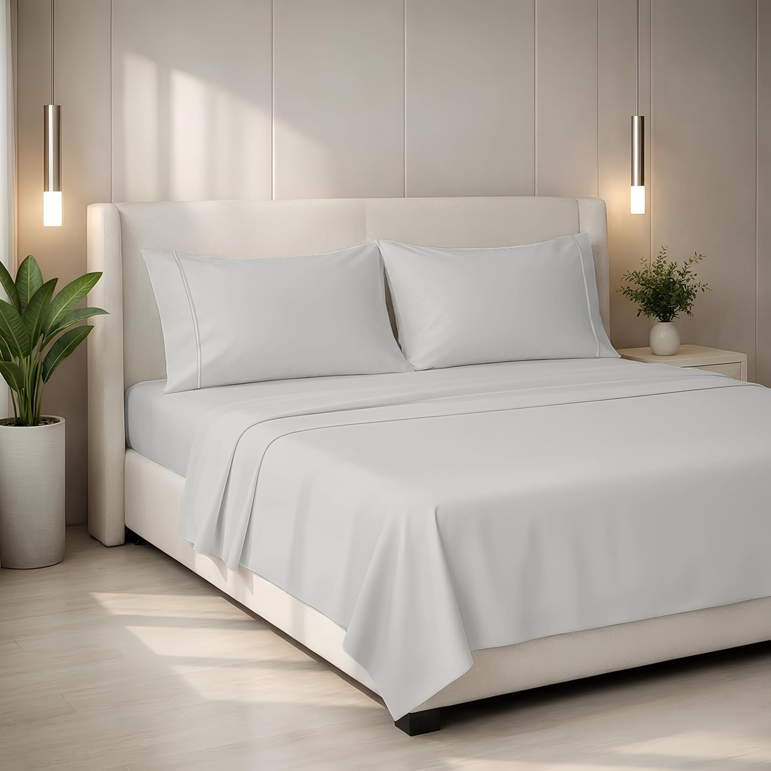 Mayfair Linen 100% Egyptian Cotton King Size Sheets Set - 2000 Series Luxury Sheets King Size Bed Set (4 Pc, Light Grey), Soft & Cooling, Sateen Weave 17" Extra Deep Pocket Hotel Collection Sheet