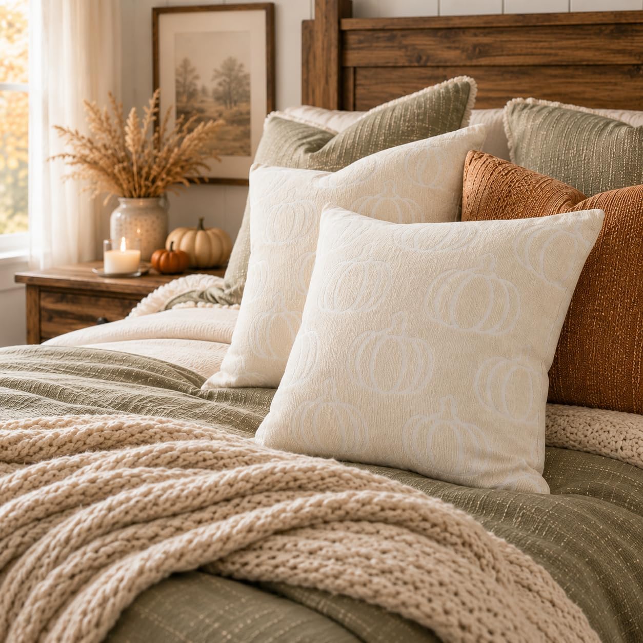 Beige Fall Pumpkin Chenille Plaid Pillow Covers Autumn Decor 18x18 image 5