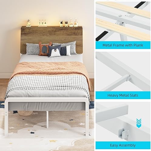 Miniatura 8 de Base de cama individual con cabecera de almacenamiento ergonómica, plataforma de metal con luces LED, listones de metal resistentes, no necesita