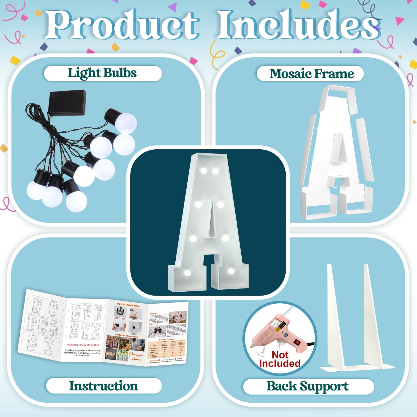 Dekoracja urodzinowa, duże podświetlane cyfry A, duży numer markizy na dekoracje imprezowe, ślub, ukończenie szkoły, baby shower, kartonowa mozaika, łuk, stojak, wstępnie wycięta pianka, A, 70 cm