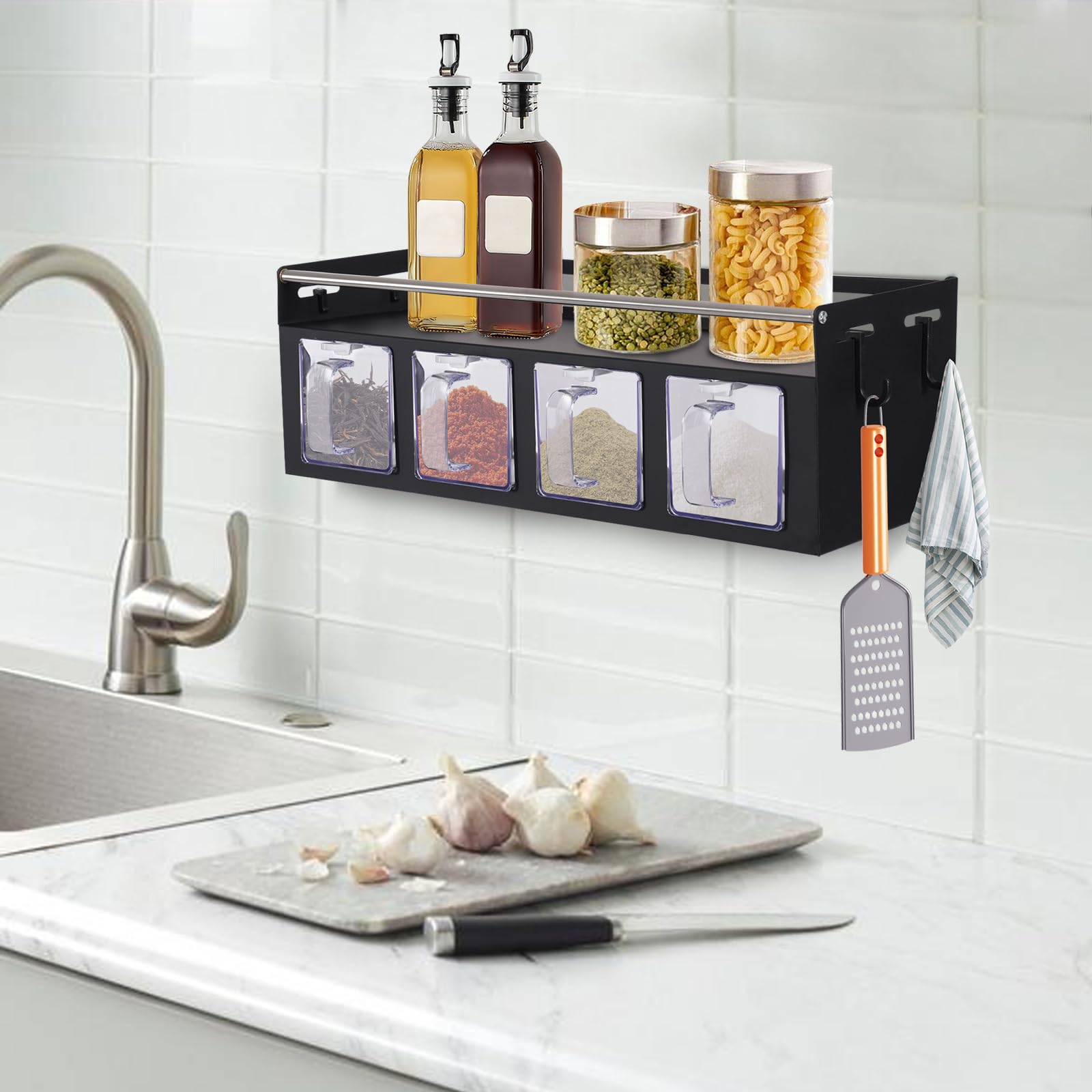 Scaffale portaspezie da parete, 39,5 x 13,5 x 13 cm, con 4 ganci, porta utensili da cucina, per cucina e bagno (nero)