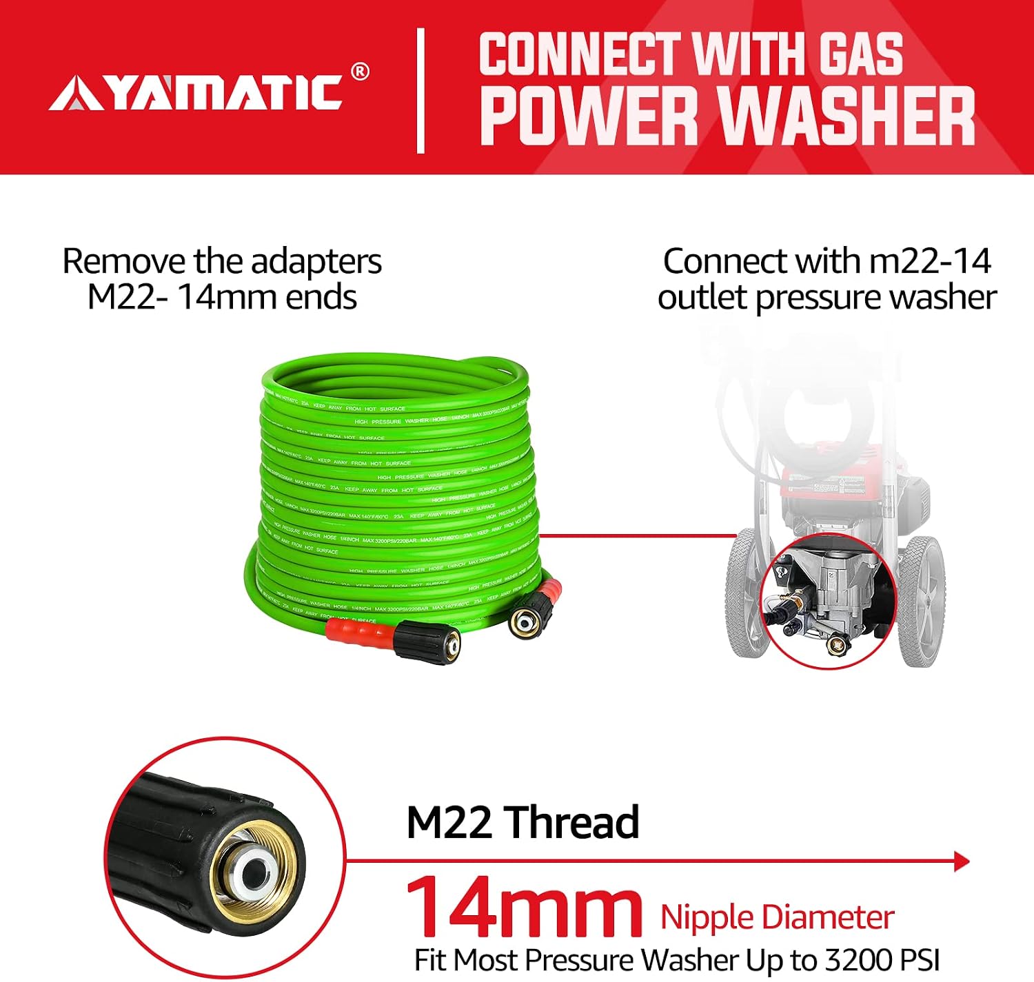 YAMATIC Flexible Pressure Washer Hose 25 FT X 1/4", Universal Replacement M22-14mm 15mm Adapters Compatible with Sun Joe, Craftsman, Greenworks, Ryobi, Troy Bilt Gas Electric Power Washer & Wand Green