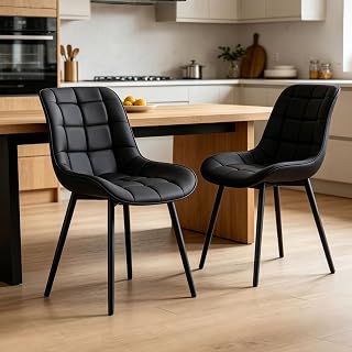 DYHOME Dining Chairs Set of 2, Modern Faux Leather Upholstered Chairs with Metal Legs, Armless Kitchen Chairs for Dining Room, Black,Easy Assembly Kitchen Side Chairs