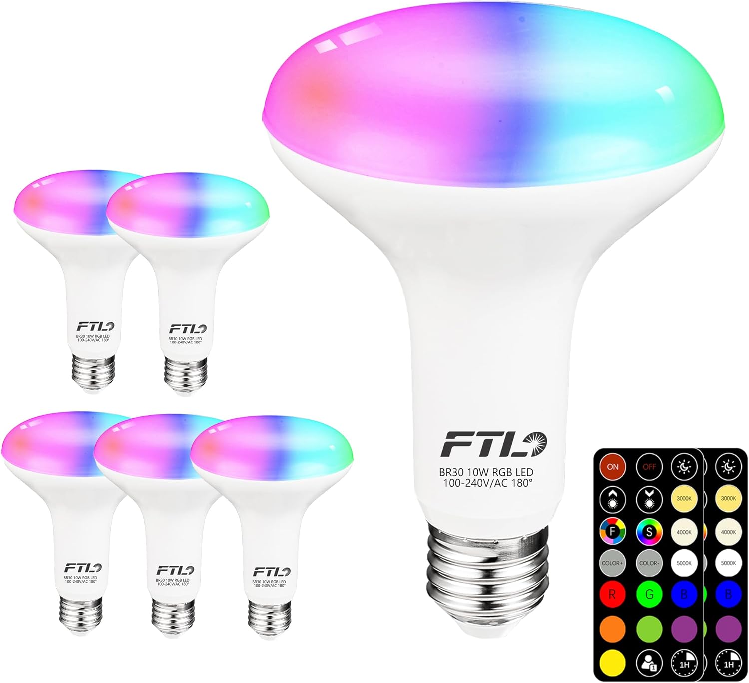 FTL BR30 LED Color Changing Light Bulbs with Remote Control, 10W Dimmable Led Flood Light 65W Equivalent, 2700K-6000K, 30 Colors RGB Colored Light Bulbs, Timer, for Recessed Can Lighting, 6-Pack