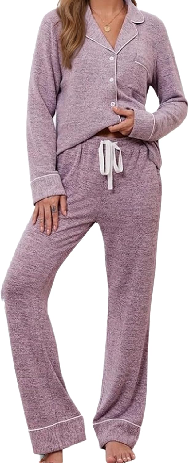 Anjue Button Up Pajamas for Women Long Sleeve Shirt and Pajama Pants Lounge Sets S-XXL
