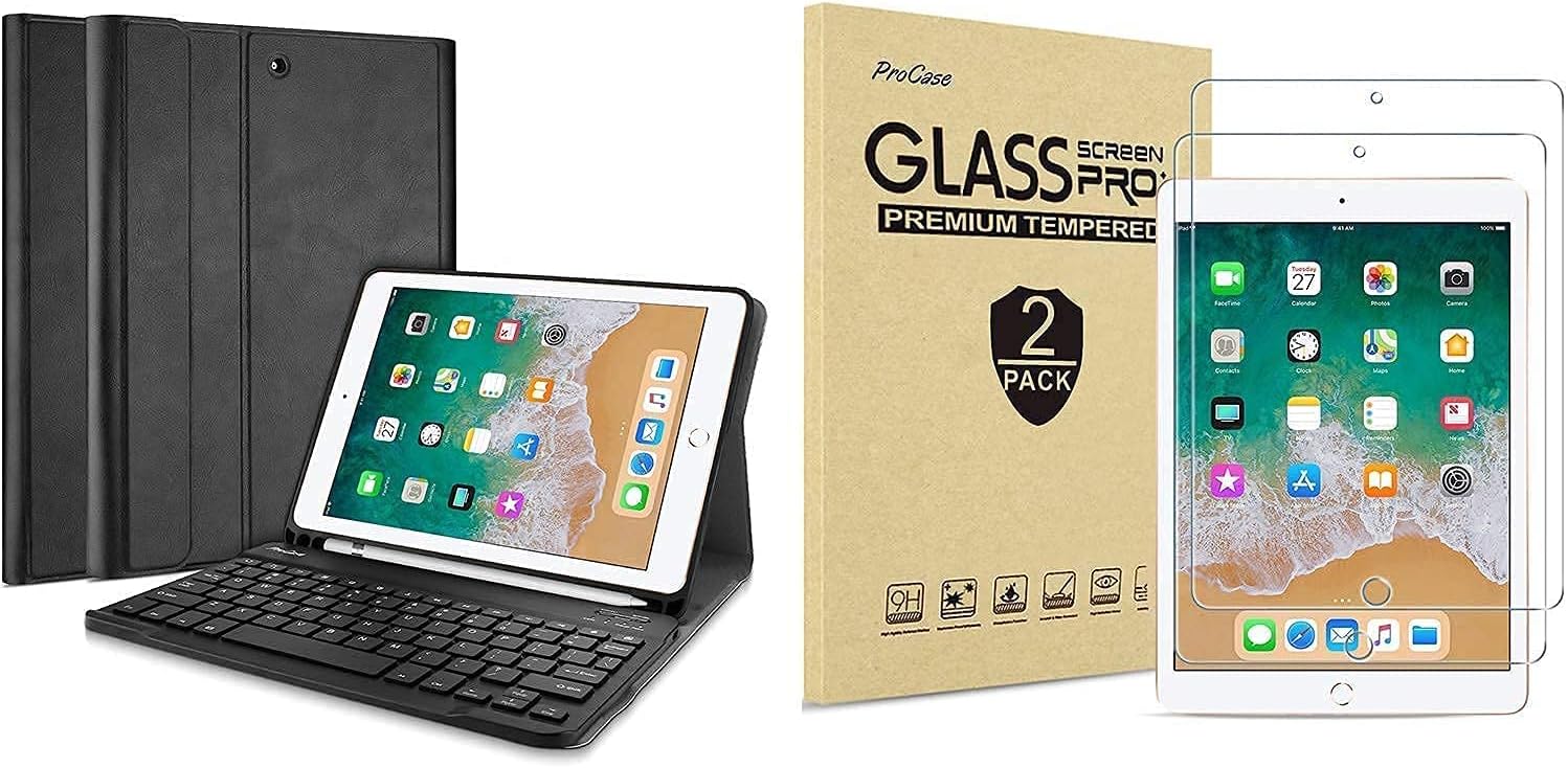 ProCase iPad 9.7 2018 & 2017 Black Keyboard Case Bundle with 2 Pack iPad 9.7 2018 & 2017 / iPad Pro 9.7 / iPad Air 2 / iPad Air Tempered Glass Screen Protectors